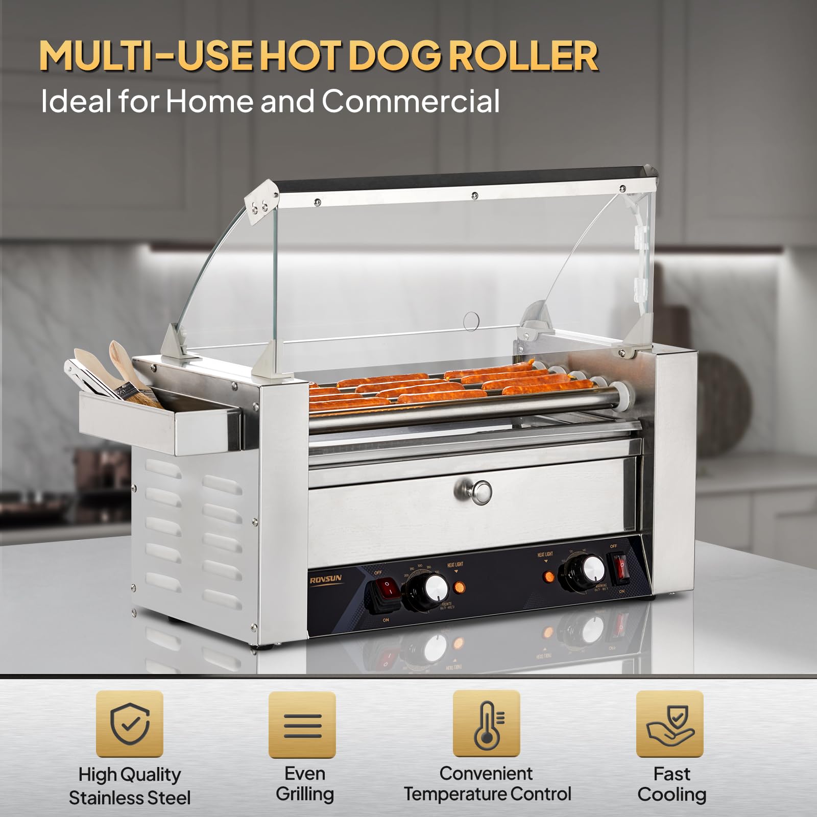 ROVSUN 5 Rollers 900W 110V 12 Hot Dog Roller Grill with Cover & Bun Warmer