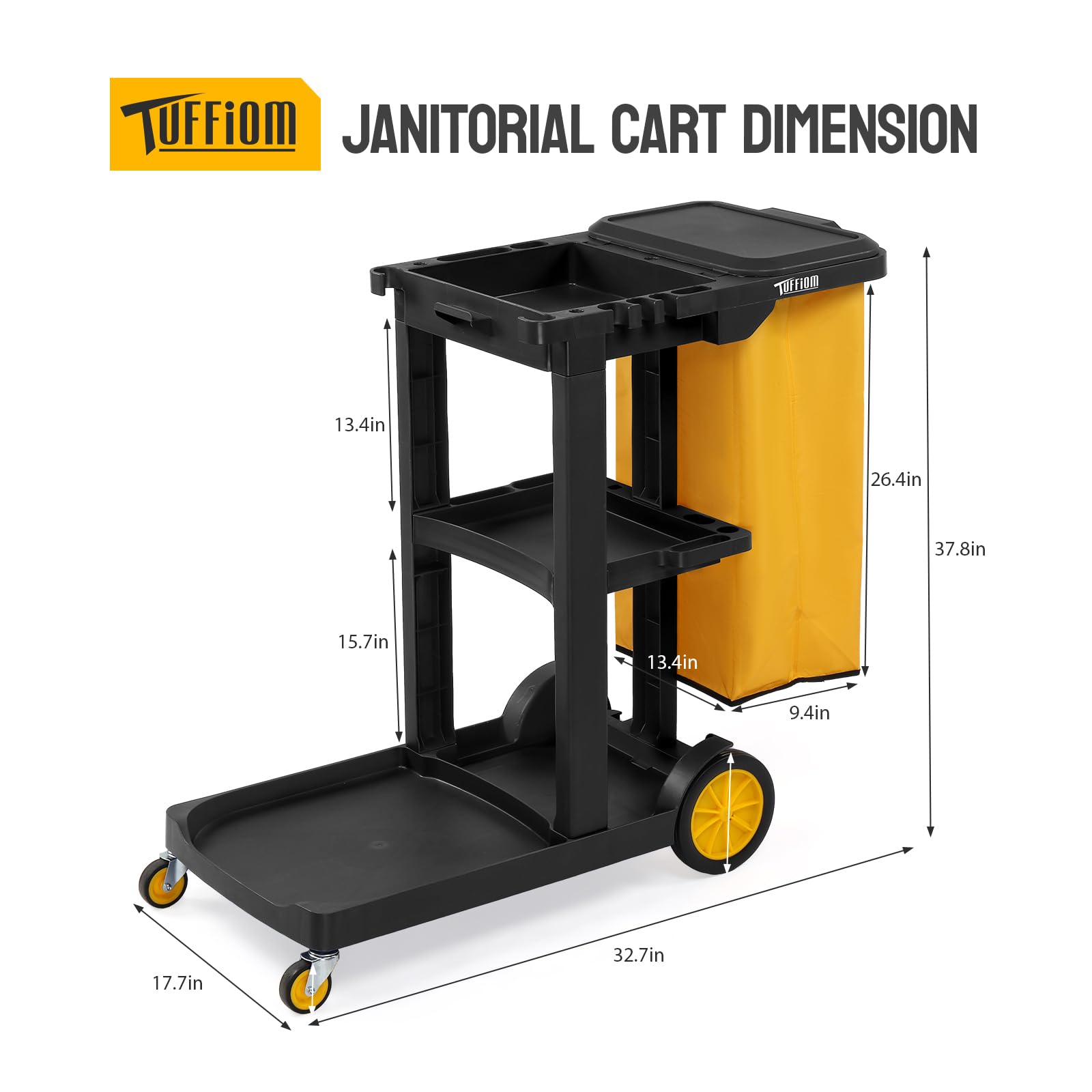 TUFFIOM 3-Tier 500 LBS Capacity Janitorial Cart with 15 Gallon Bag