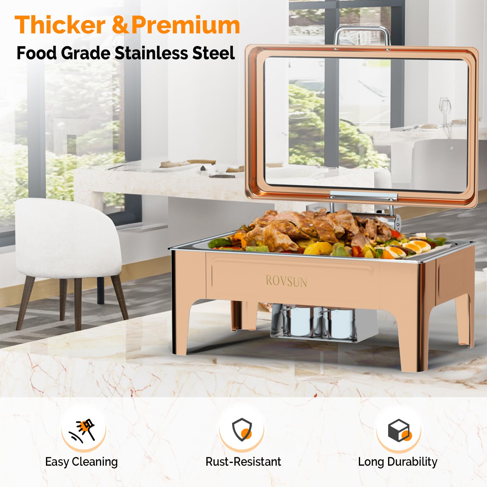 ROVSUN 9 QT Rectangular Rose Gold Chafing Dish Buffet Set with Serving Tong