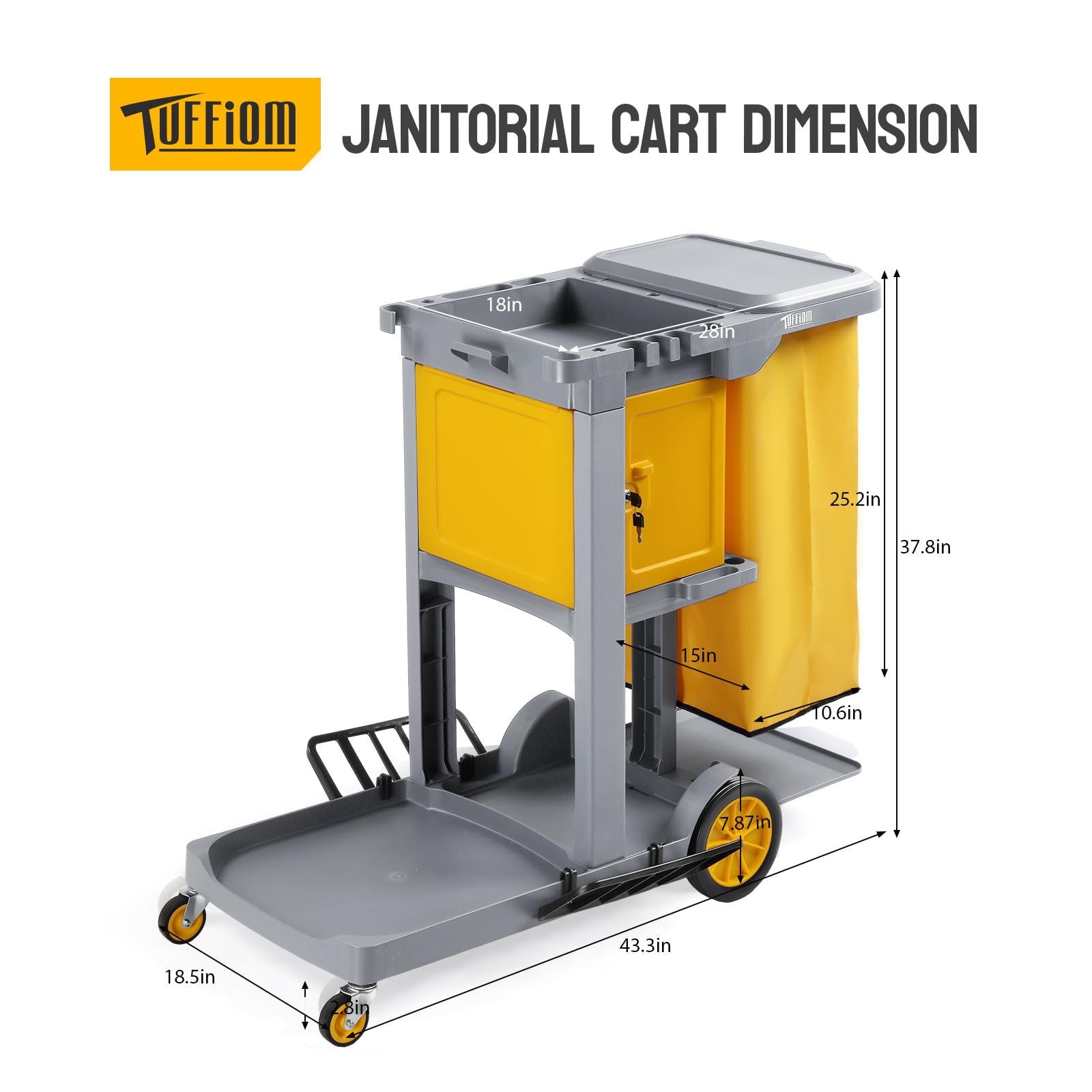 3-Tier 500 LBS Capacity Janitorial Cart with Locker & 15 Gallon Bag Grey