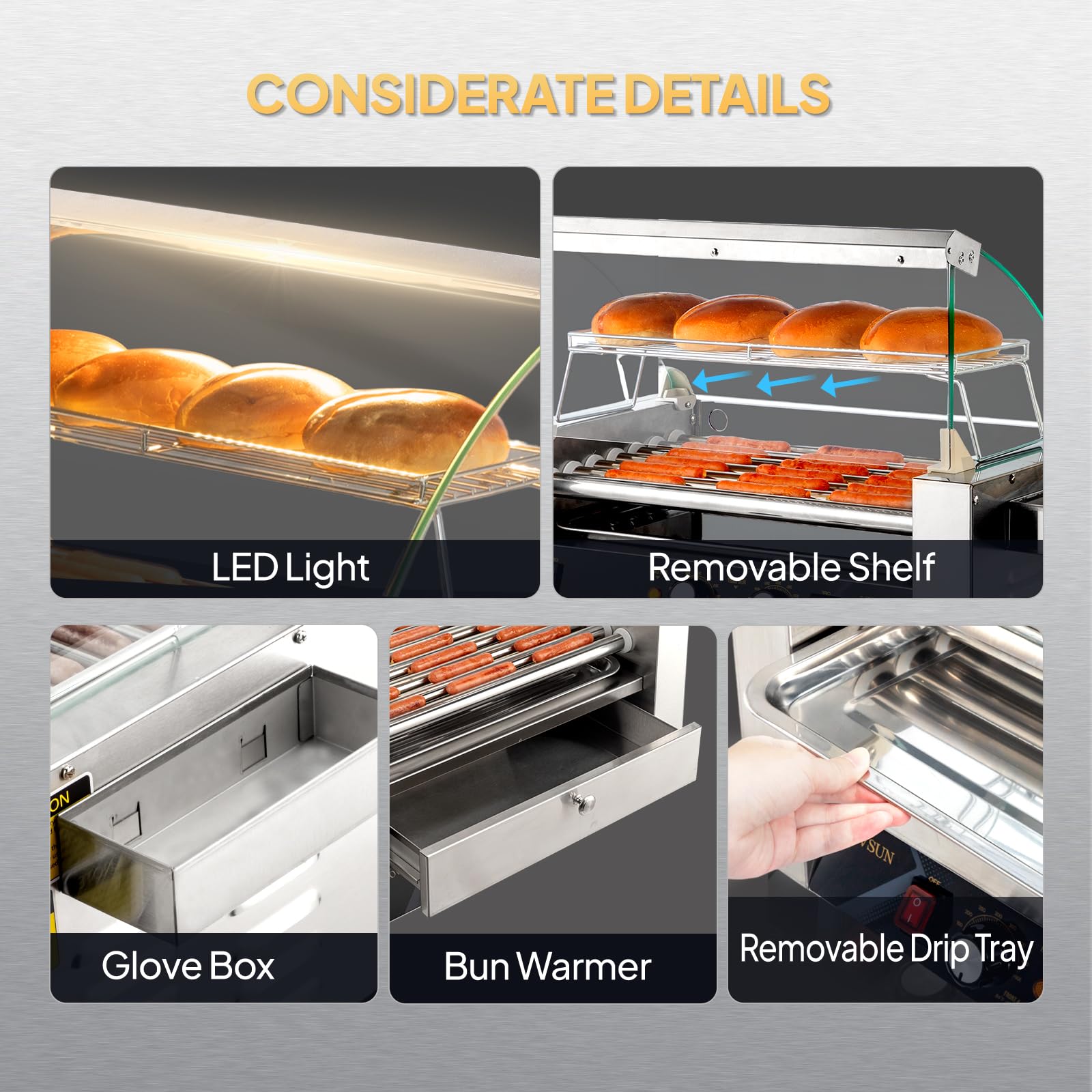 ROVSUN 9 Rollers 1,500W 110V 24 Hot Dog Roller Grill with Cover & Bun Warmer