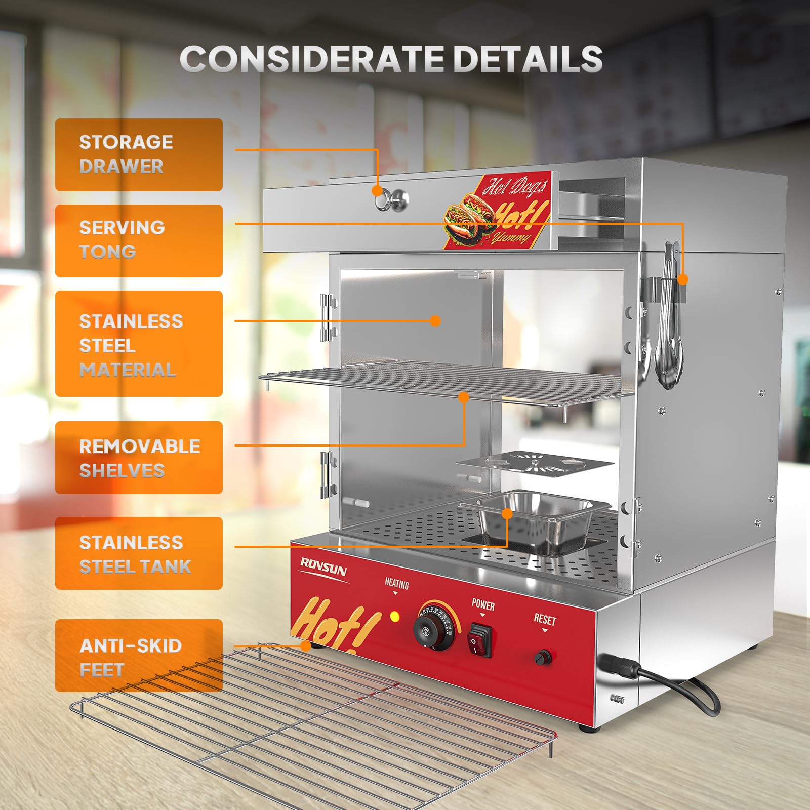 ROVSUN 49 QT 500W 110V 270 Hot Dogs / 58 Buns Hot Dog Steamer