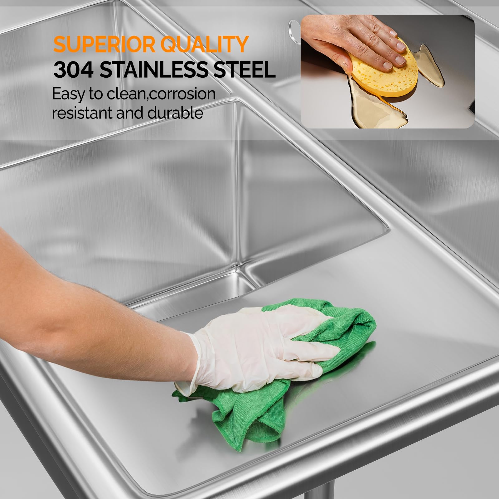 ROVSUN 43" x 20" 2 Compartment 304 Stainless Steel Sink with Right Side Drainboard