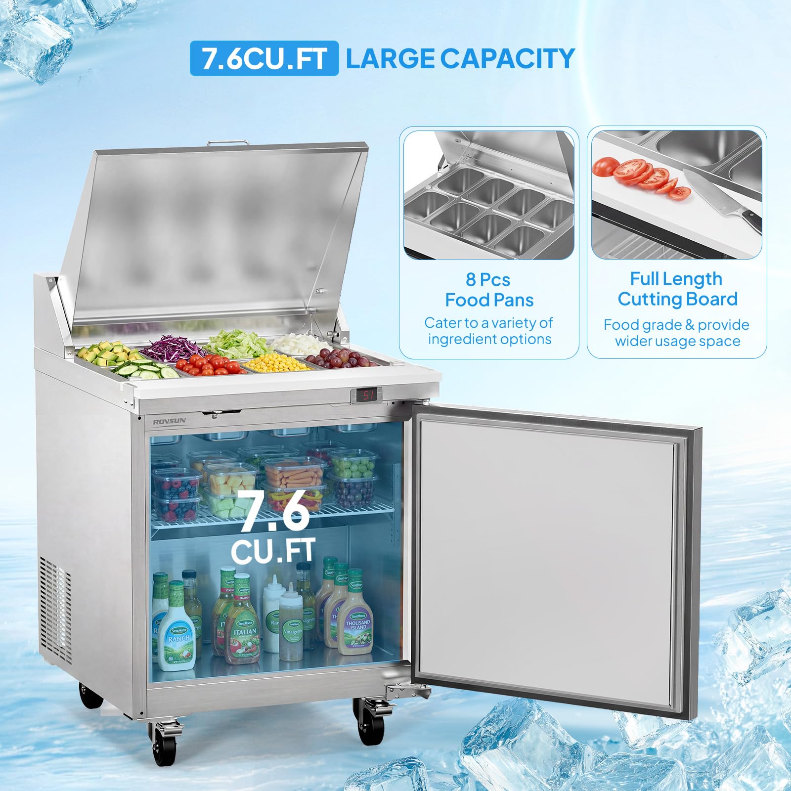 ROVSUN 29" 8-Pan Refrigerated Salad Sandwich Prep Table