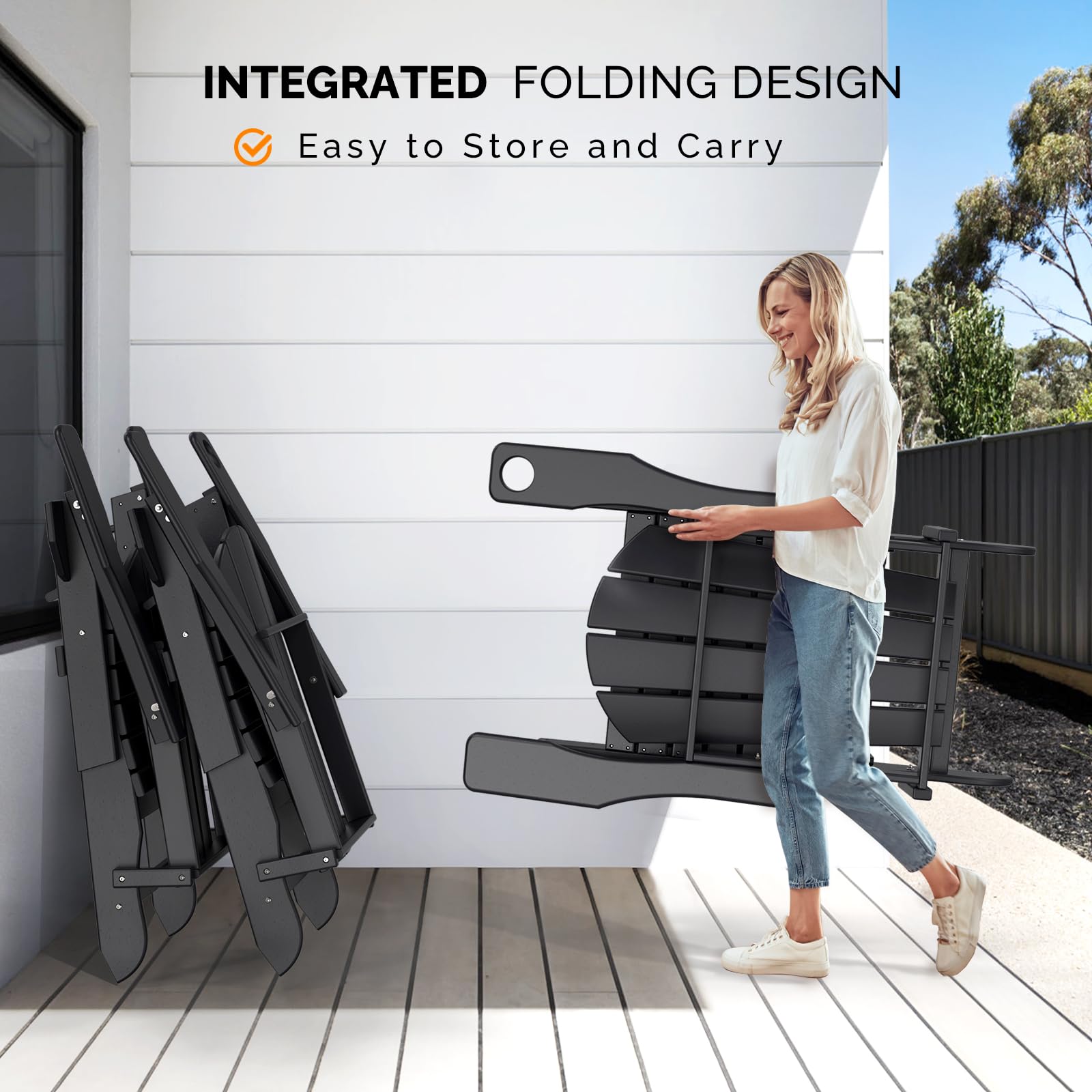 Plastic Folding HDPE Adirondack Chairs with Retractable Footrest Black