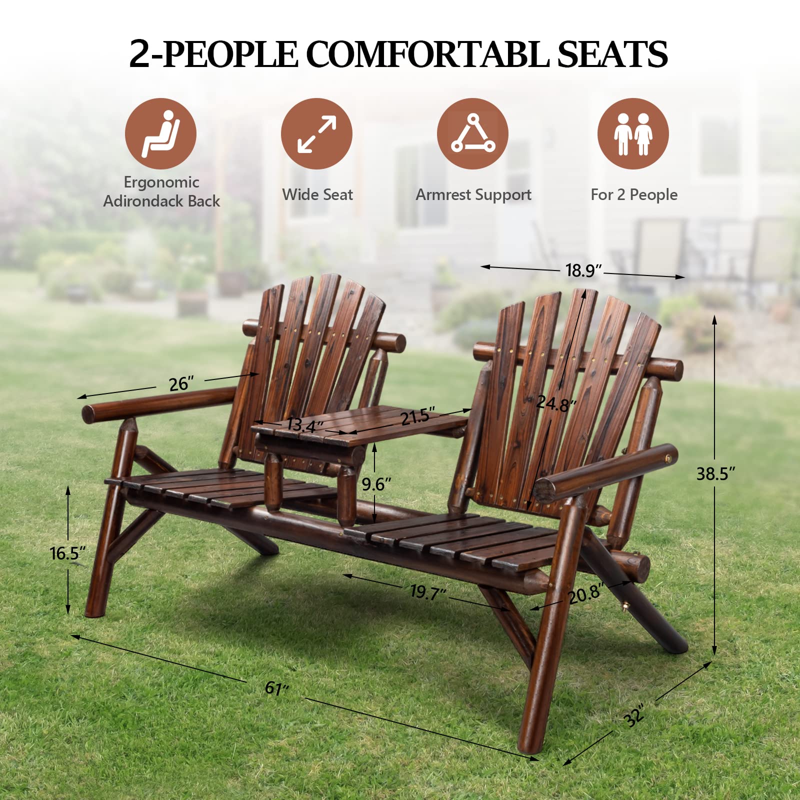 61" Outdoor Bench Adirondack Bench with Built-in Table