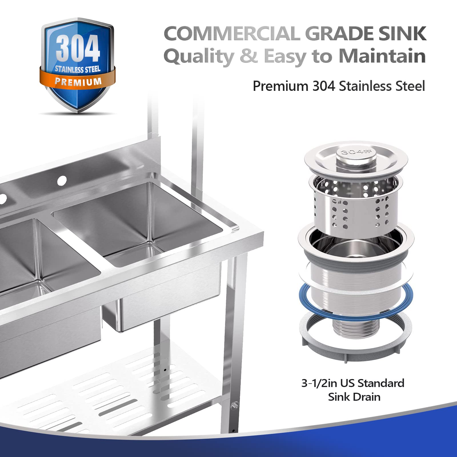 ROVSUN 36" x 21" Two Compartment Stainless Steel Sink with Shelves