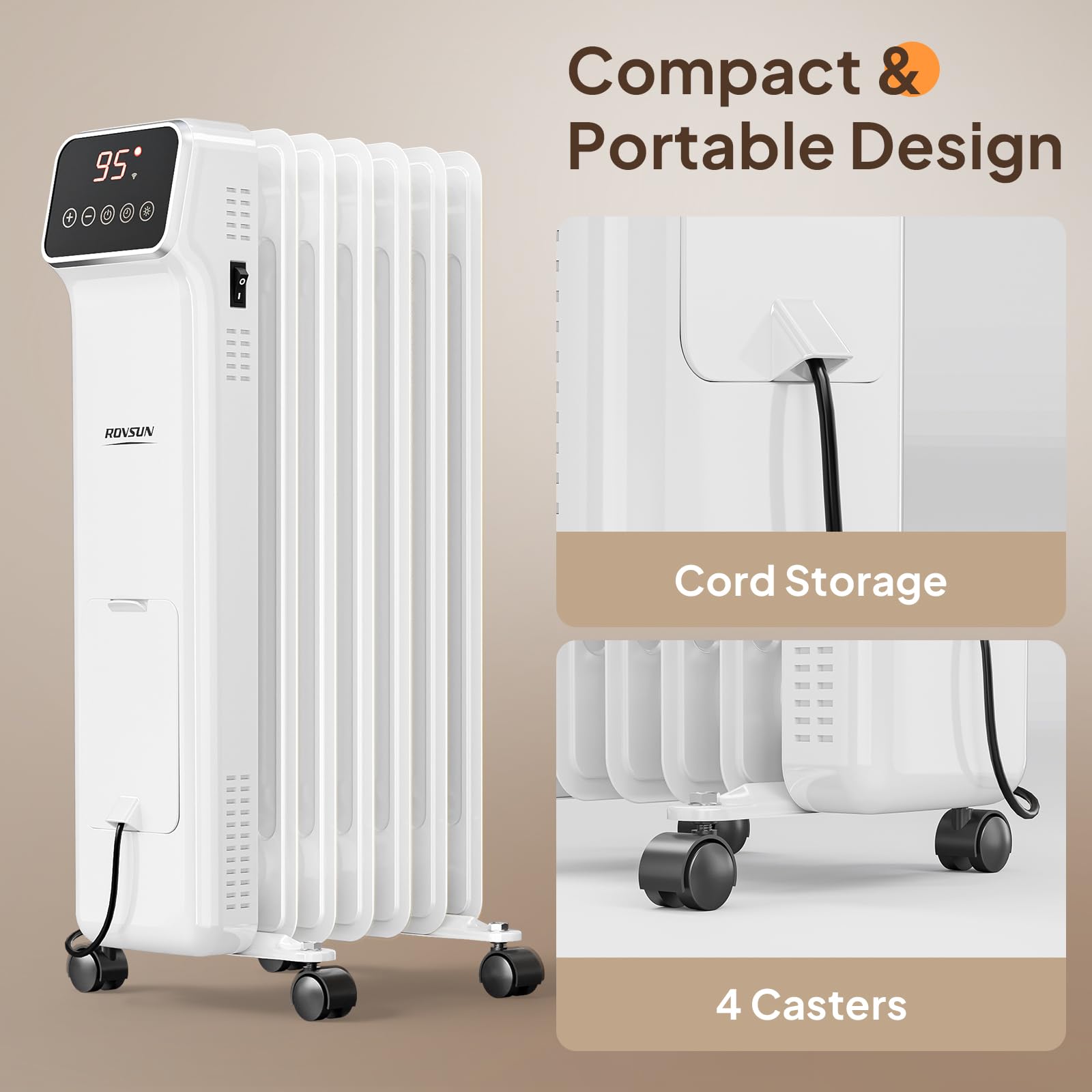 ROVSUN 1500W 120V Oil Filled Radiator Heater with Remote & APP White