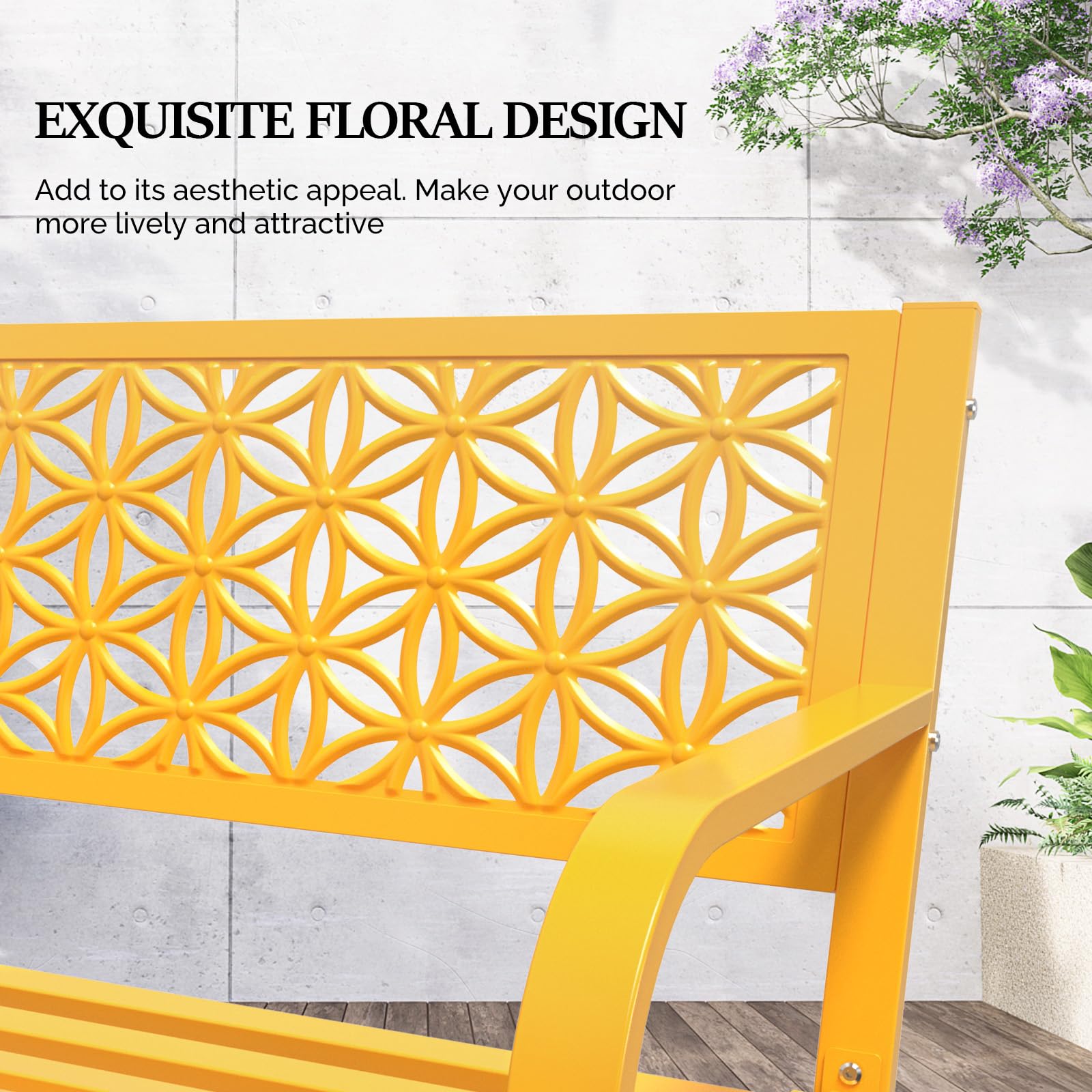 50" Outdoor Bench Metal with Floral Back Yellow