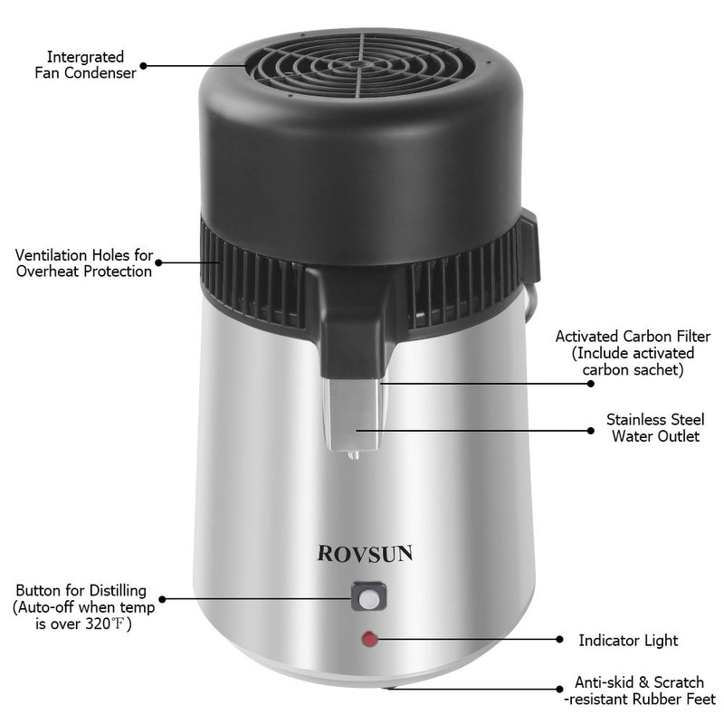 ROVSUN 4L Stainless Steel Water Distiller Countertop with Glass Collection Silver