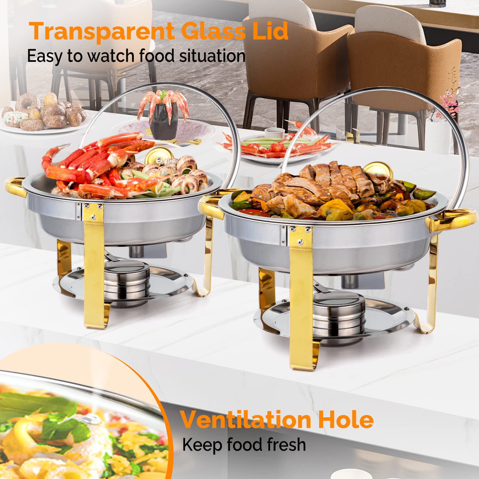 ROVSUN 5 QT Round Gold Chafing Dish Set with Glass Lid & Lid Holder