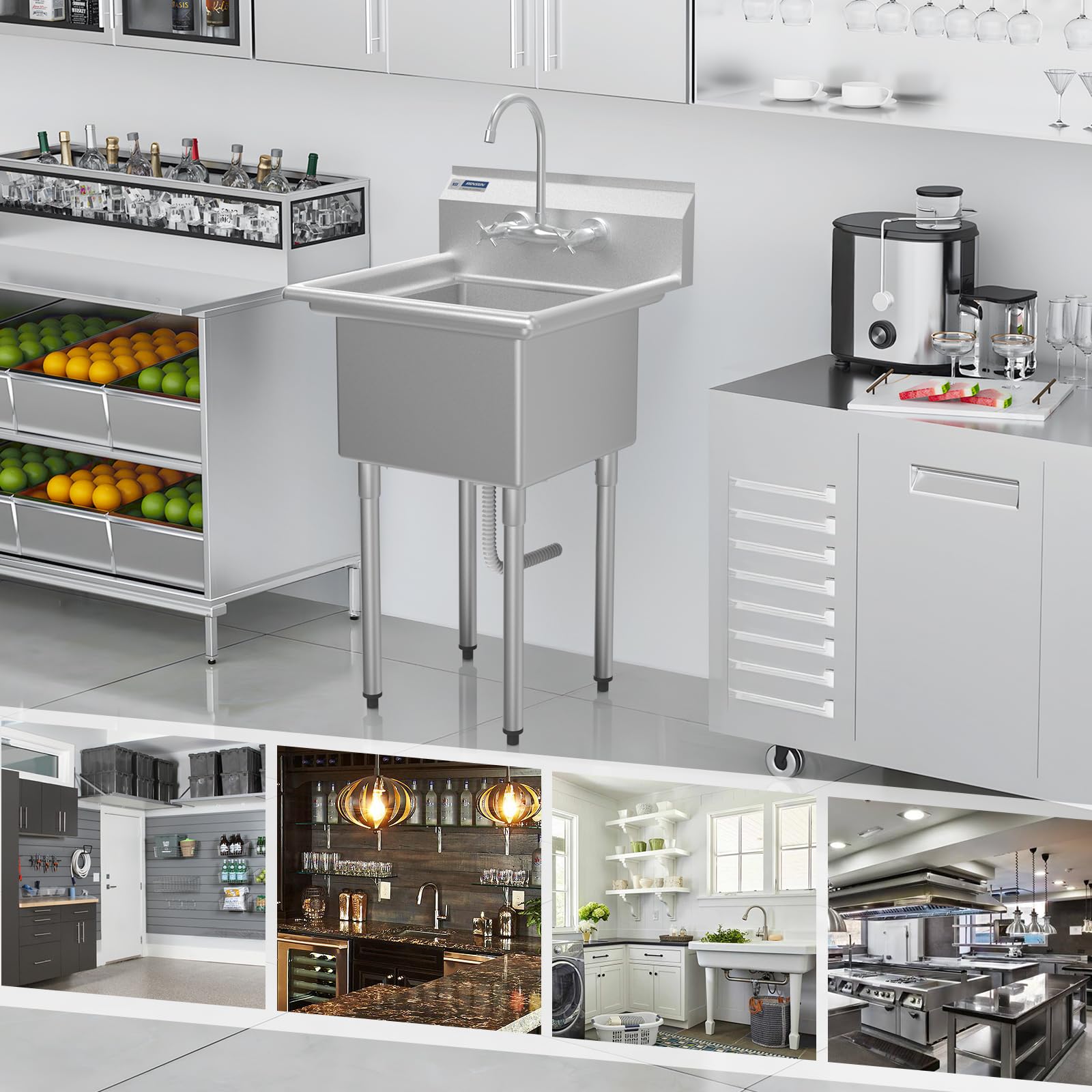 ROVSUN 24" x 24" 1 Compartment 304 Stainless Steel Sink with Backsplash