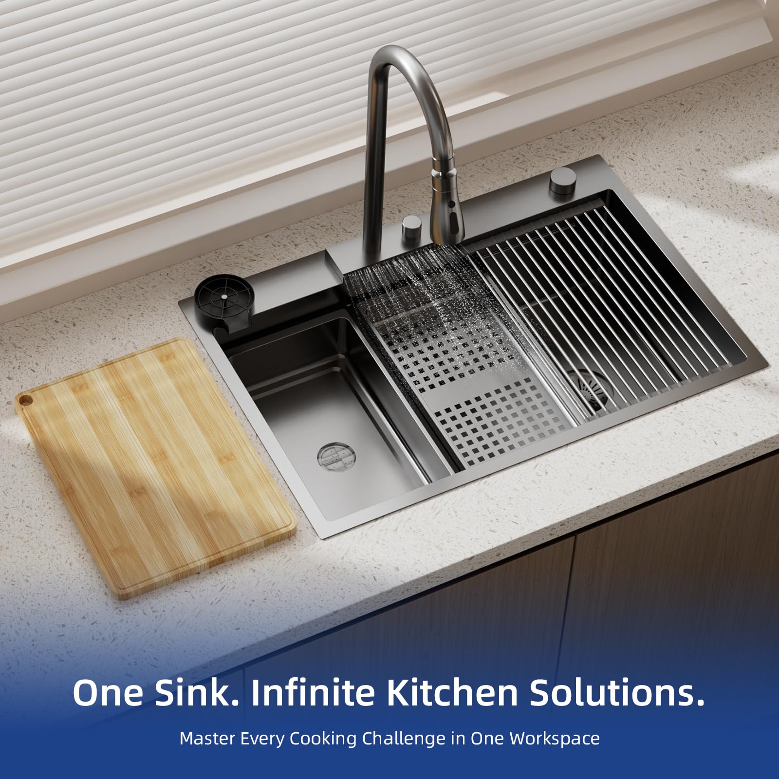 ROVSUN 33" x 19" Drop-in Waterfall Kitchen Sink with Right Drain Black