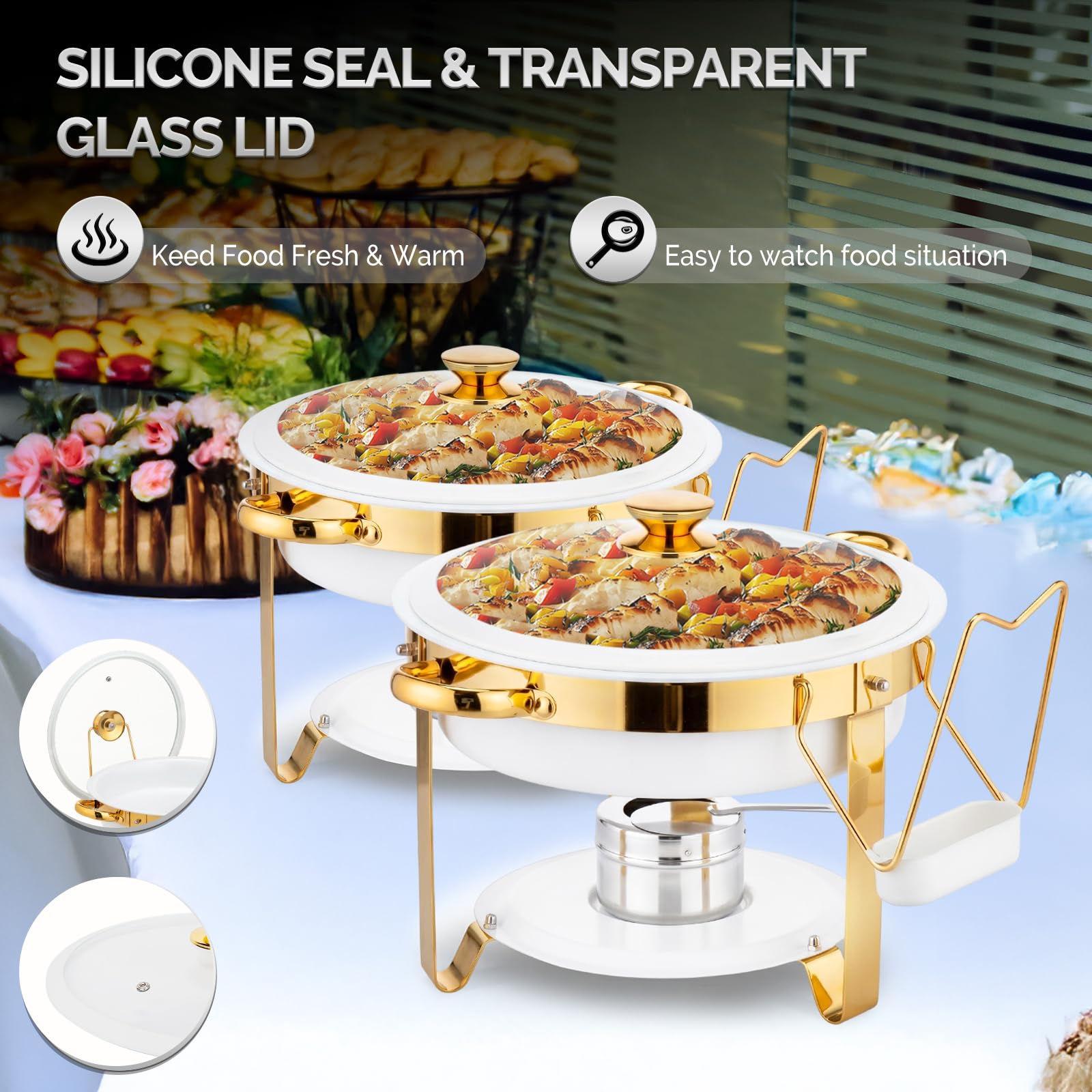 ROVSUN 5 QT Round White-Gold Chafing Dish Buffet Set with Lid Holder