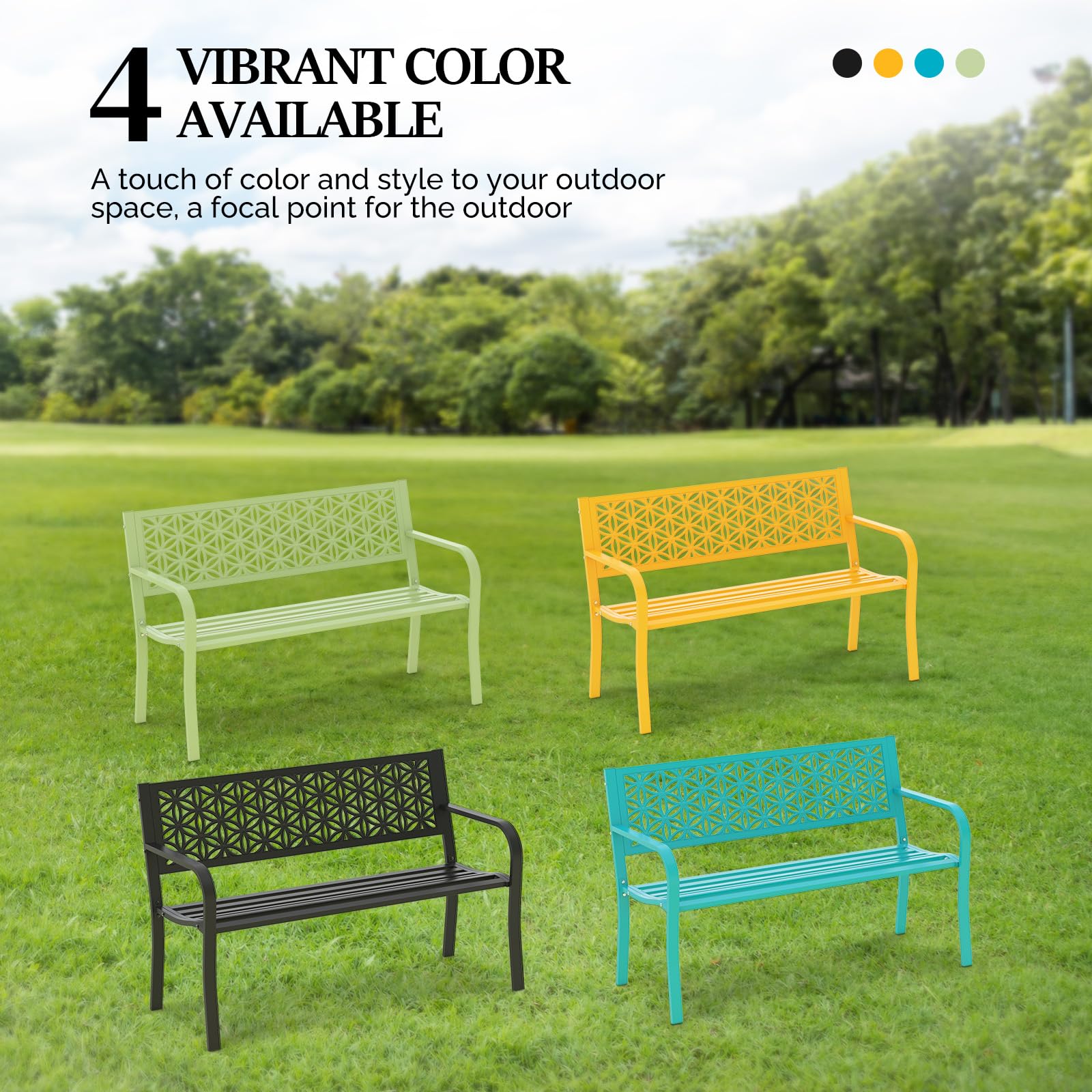 50" Outdoor Bench Metal with Floral Back Yellow