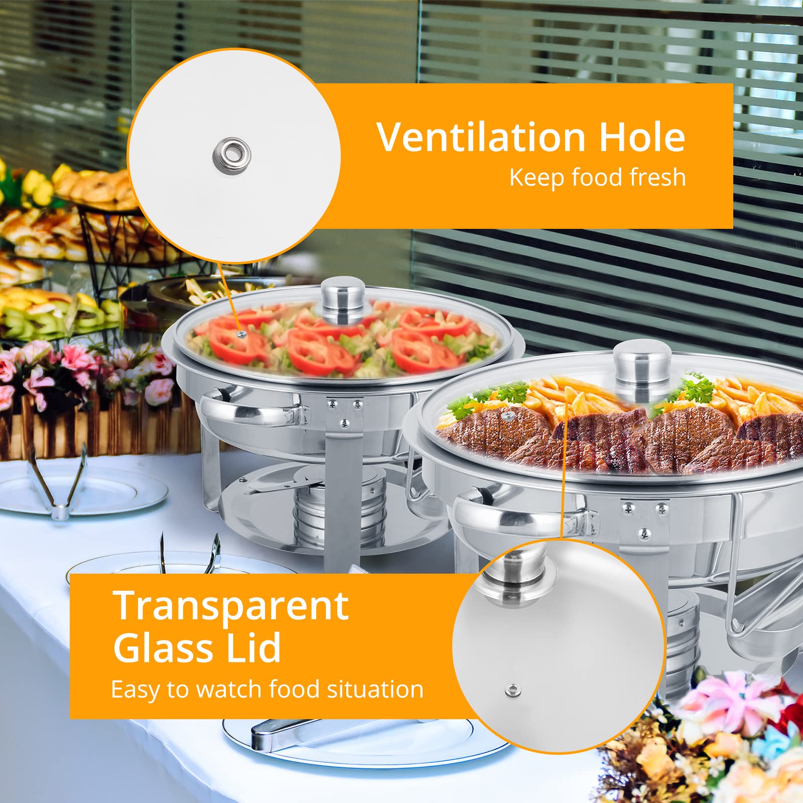 ROVSUN 5 QT Round Silver Chafing Dish Set with Glass Lid & Lid Holder Silver