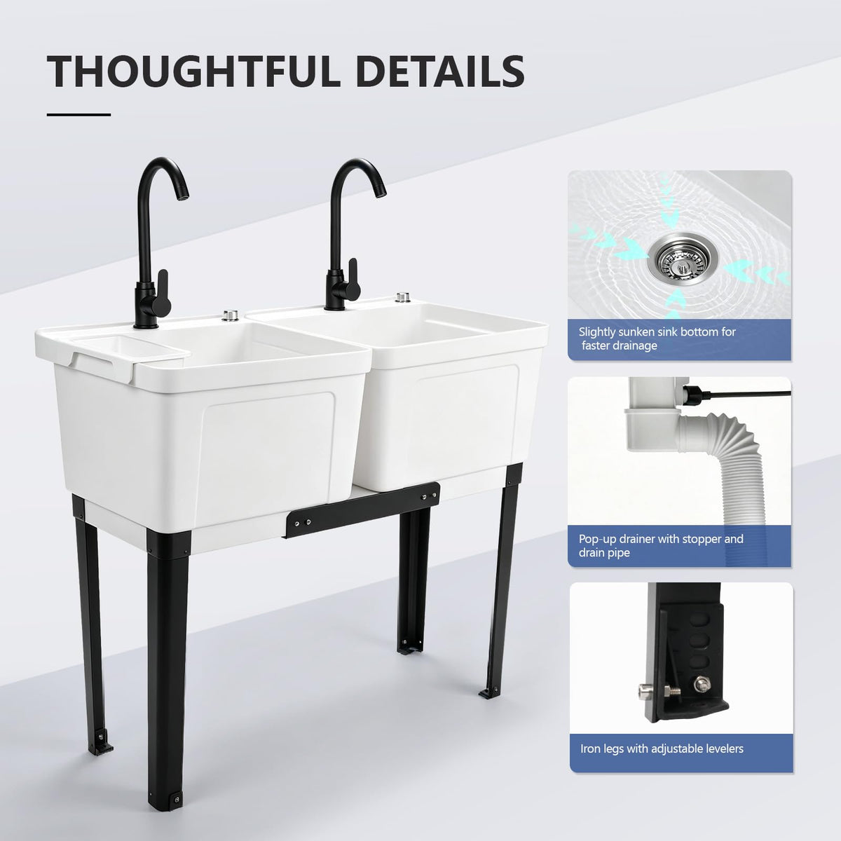 ROVSUN 40" X 19" Double Plastic Laundry Sink with 2 Faucets