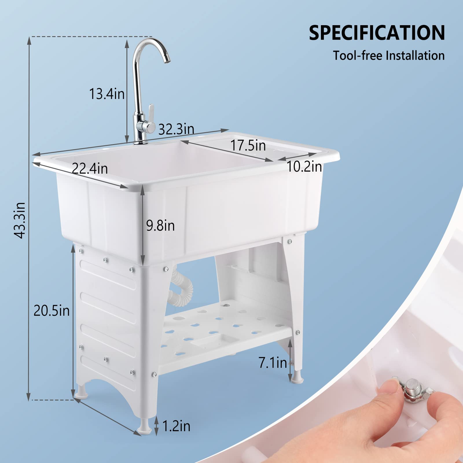 ROVSUN 32" x 22" Utility Sink Laundry Tub with Faucet & Shelf & Drainboard White