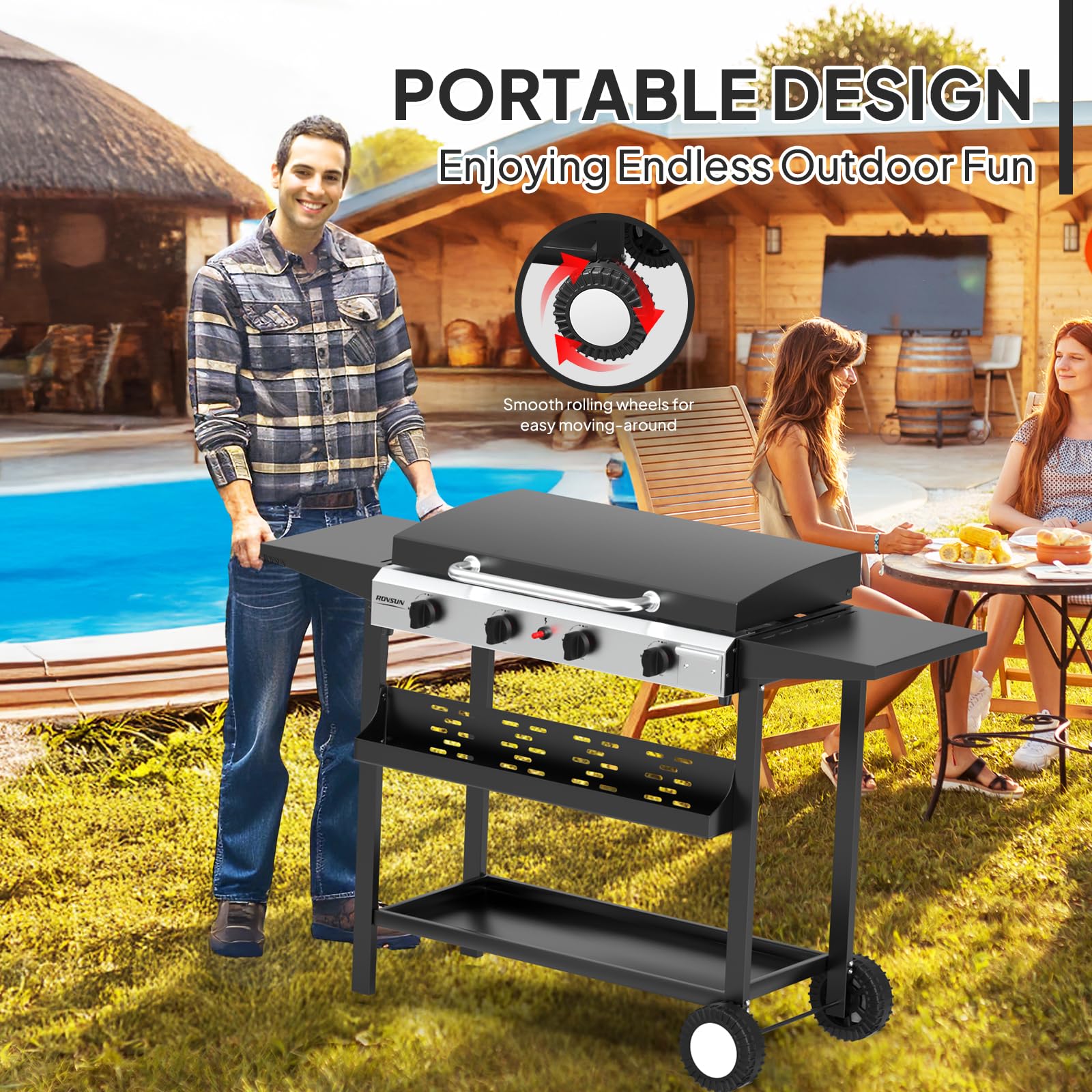 ROVSUN 4 Burner 40,000 BTU Portable Propane Rolling Flat Top Gas Grill with Stand & Lid