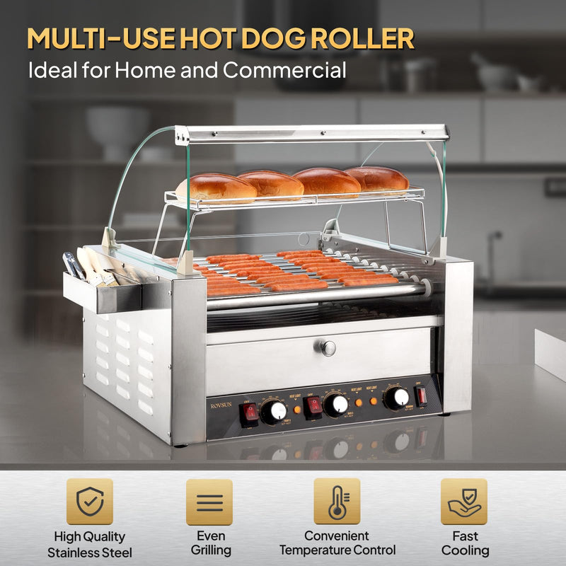 ROVSUN 11 Rollers 2000W 30 Hot Dog Roller Warmer Grill Cooker Machine with Bun Warmer