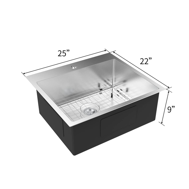 ROVSUN 25 X 22 Inch Drop-in Stainless Steel Sink 18 Gauge Single Bowl with Protector