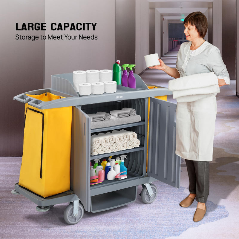 ROVSUN Commercial Cleaning Janitorial Cart Large Industrial Hotel Service Housekeeping Cart Multifunctional with Locking