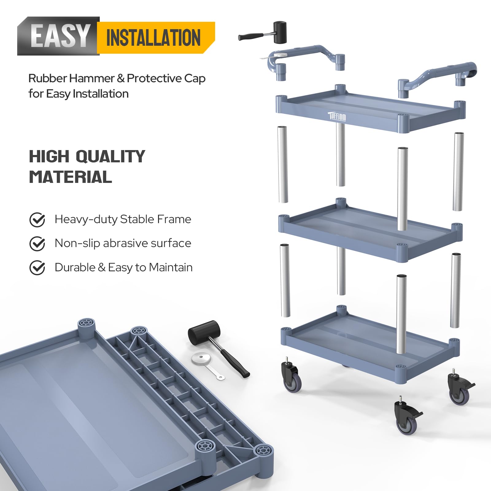 3-Tier 35" x 17" 390 lb. Capacity Plastic Utility Cart/Bussing Cart Grey