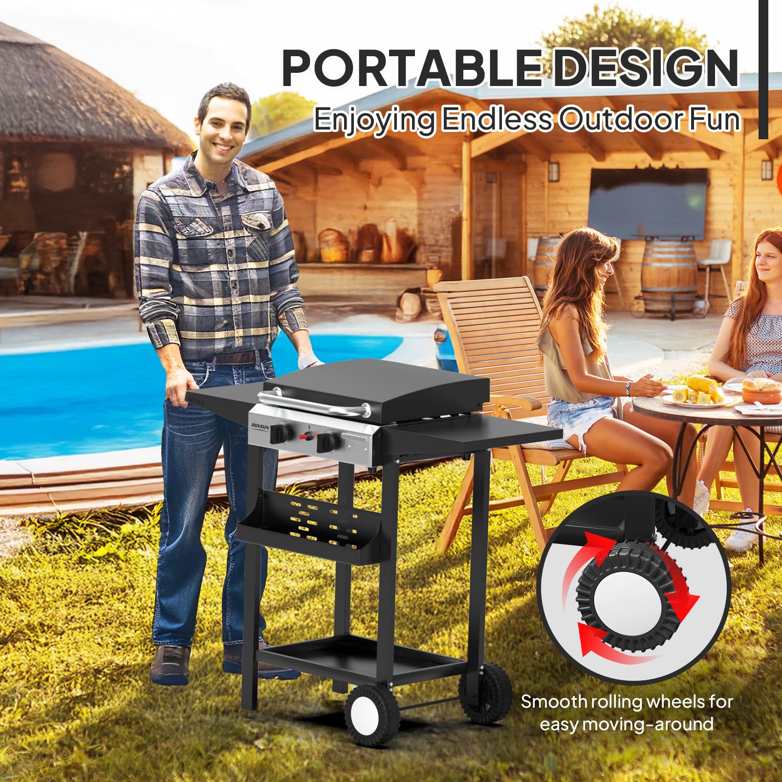 ROVSUN 2 Burner 20,000 BTU Portable Propane Rolling Flat Top Gas Grill with Stand & Lid