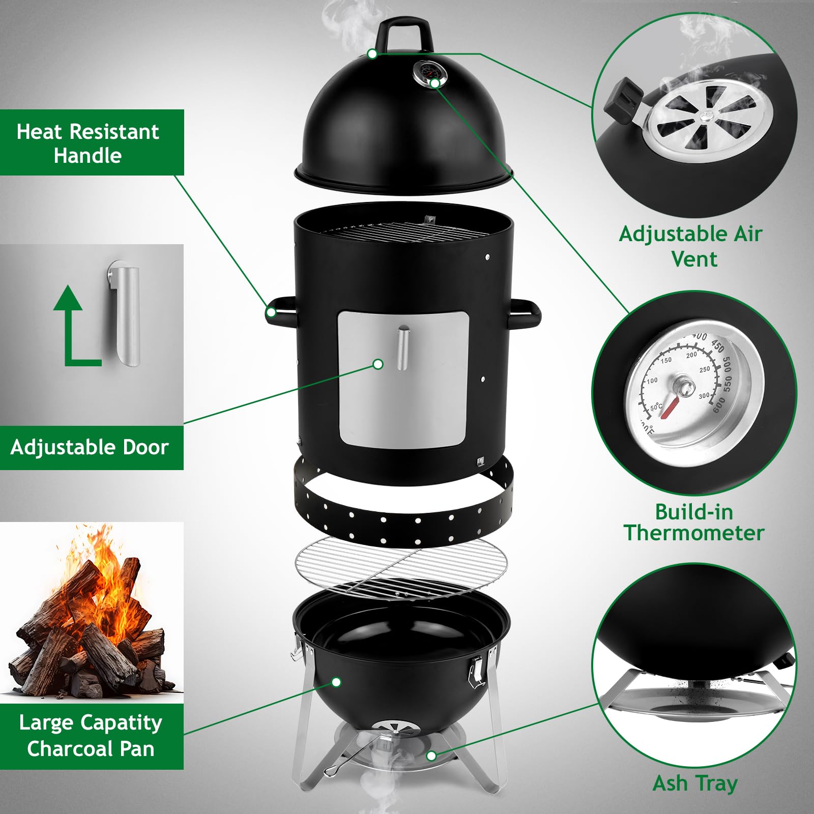 4-Tier 3-in-1 Vertical Charcoal Grill Outdoor BBQ Charcoal Smoker