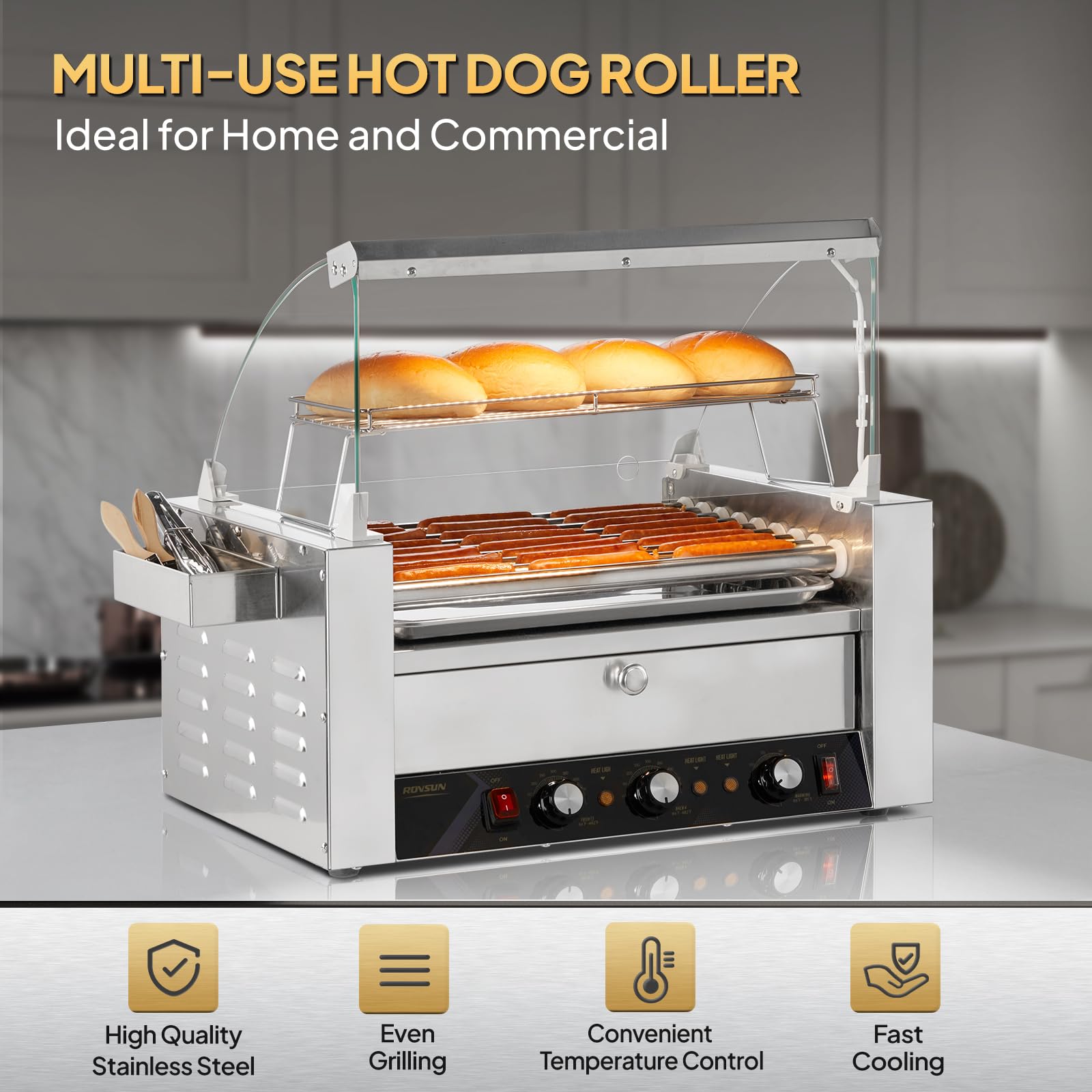 ROVSUN 9 Rollers 1,500W 110V 24 Hot Dog Roller Grill with Cover & Bun Warmer