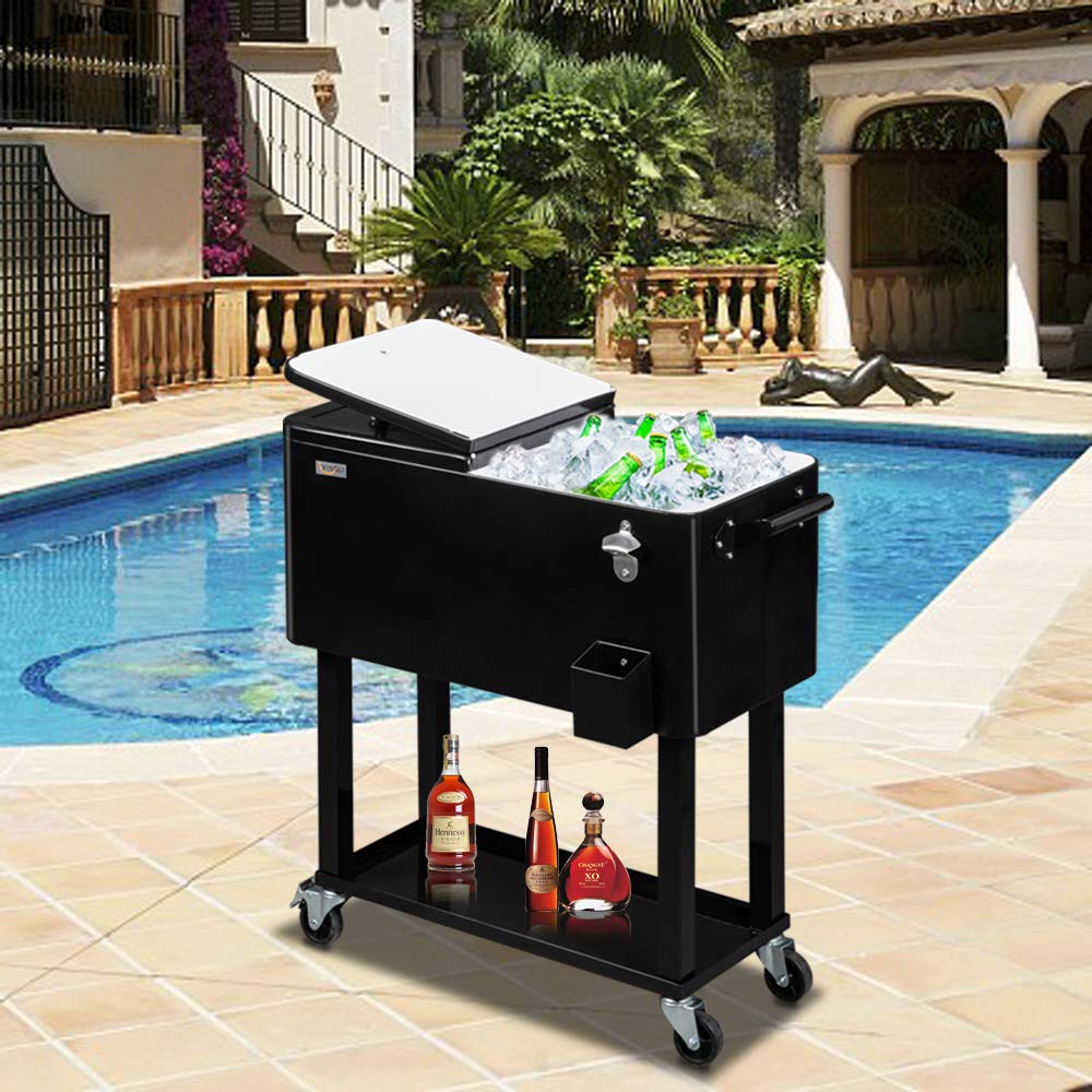 80 Quart Portable Outdoor Patio Rolling Cooler Cart Black