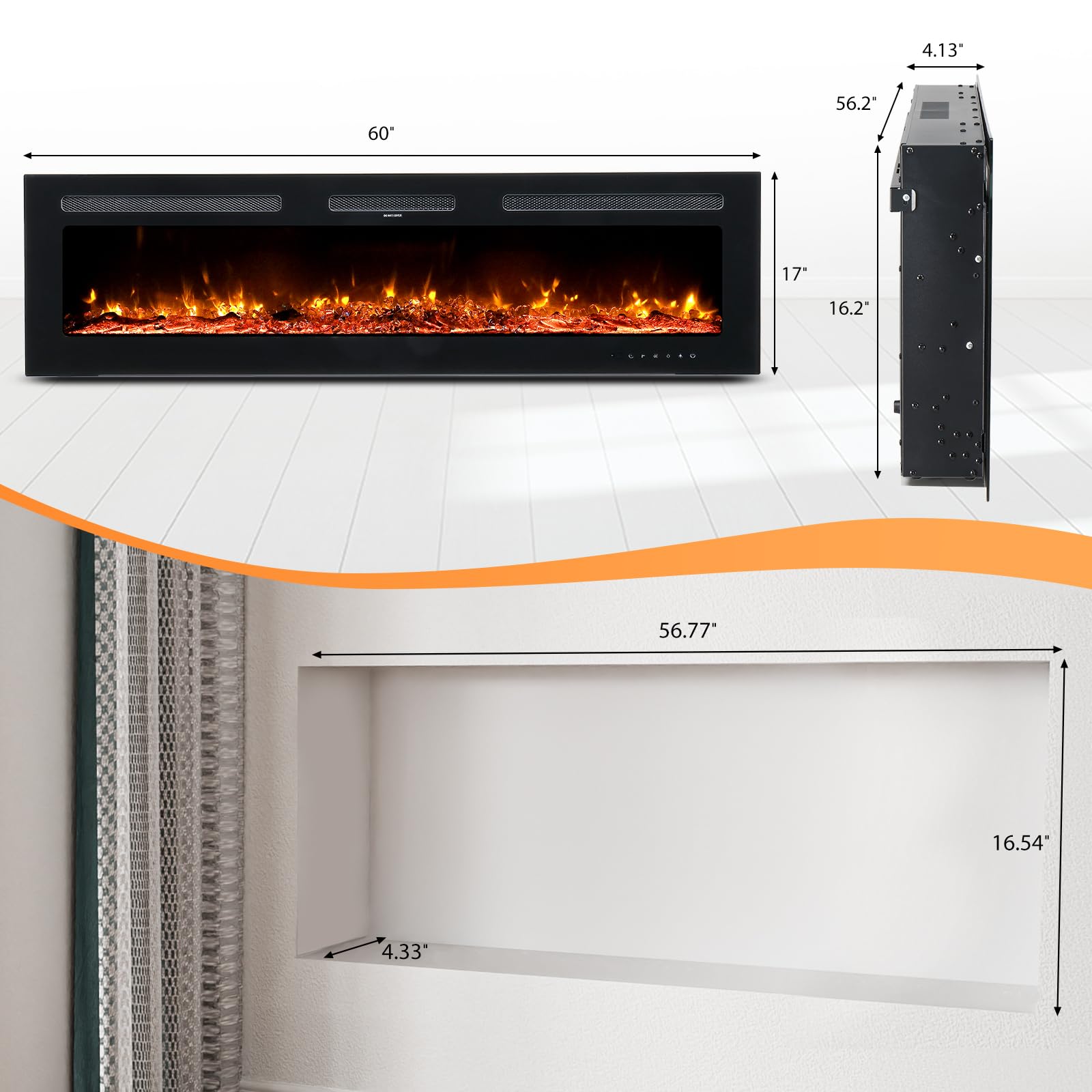 ROVSUN 60'' 1500W 120V 3-in-1 Electric Fireplace with Remote & APP