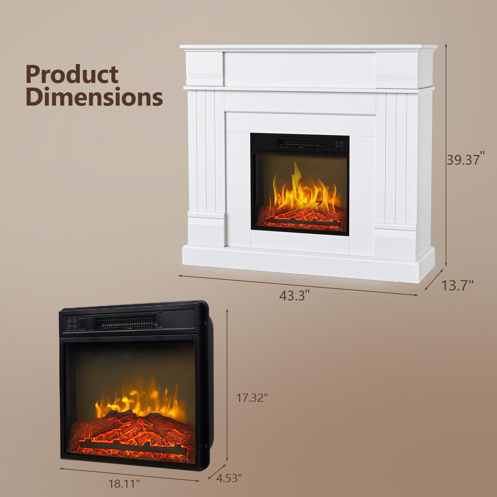 ROVSUN 43'' High 1400W 120V Electric Fireplace with Mantel & Remote