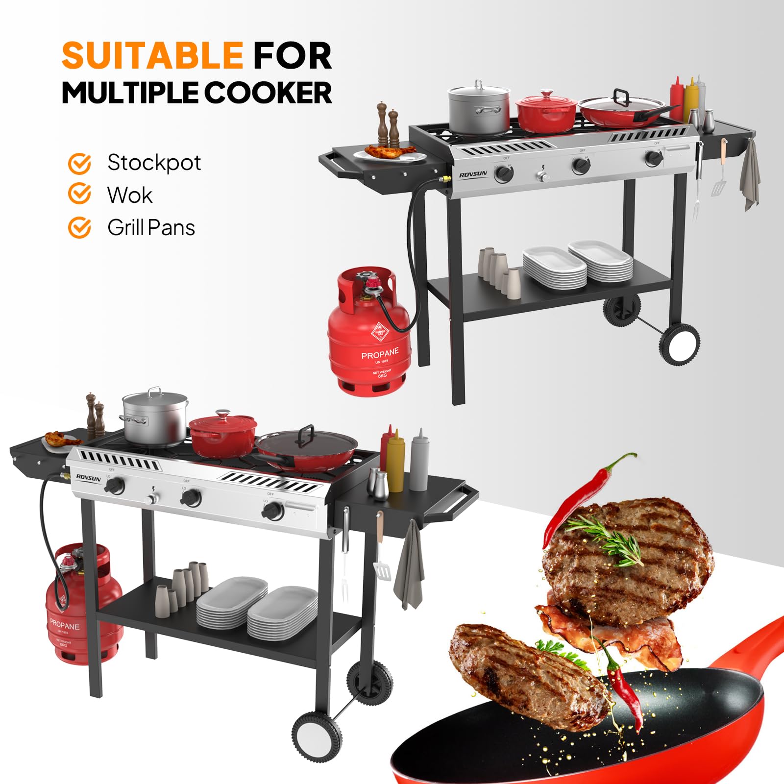 ROVSUN 3 Burner 225,000 BTU Outdoor Gas Propane Stove with Side Shelves & Wheels