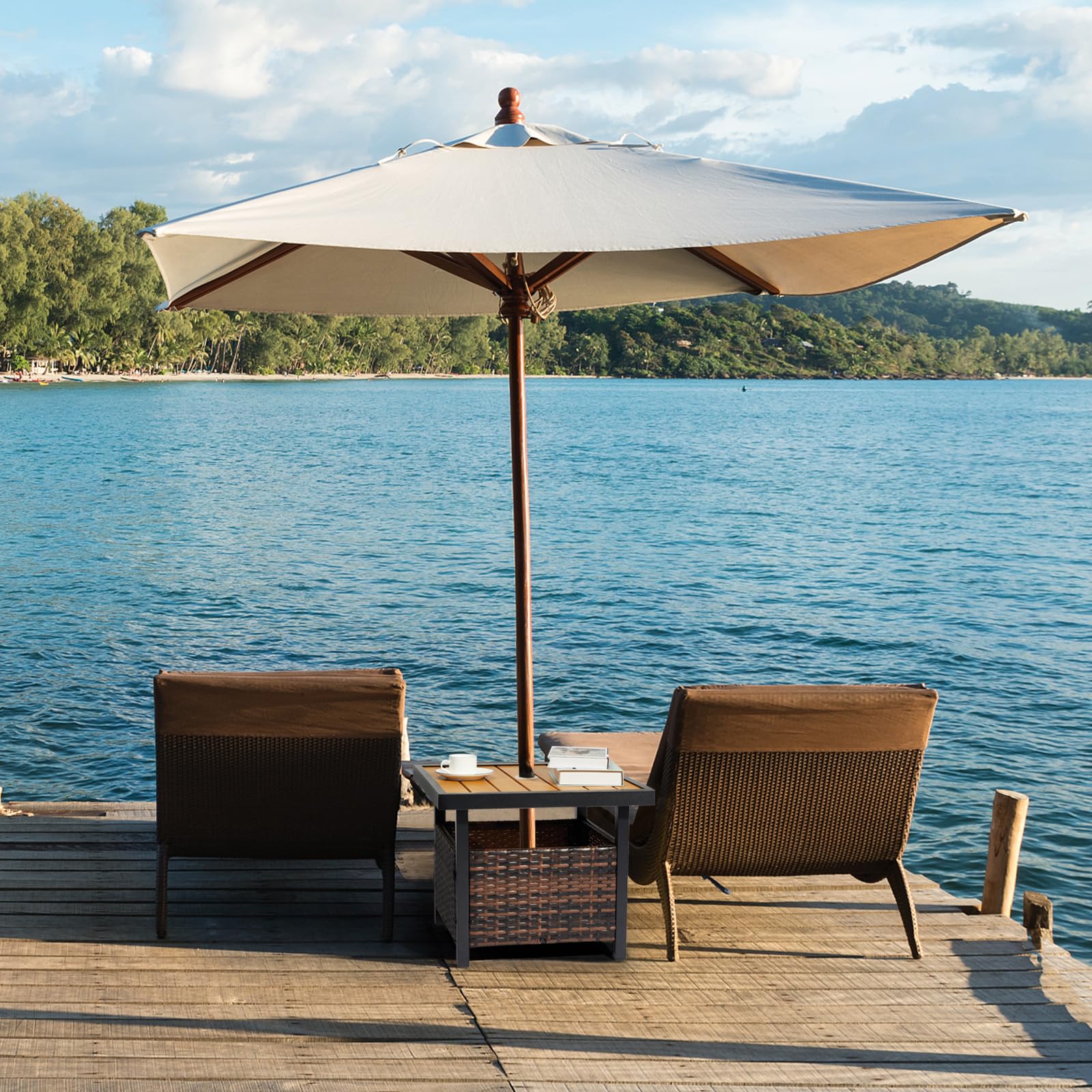 Outdoor Wicker Side Table with Umbrella Hole Yellow