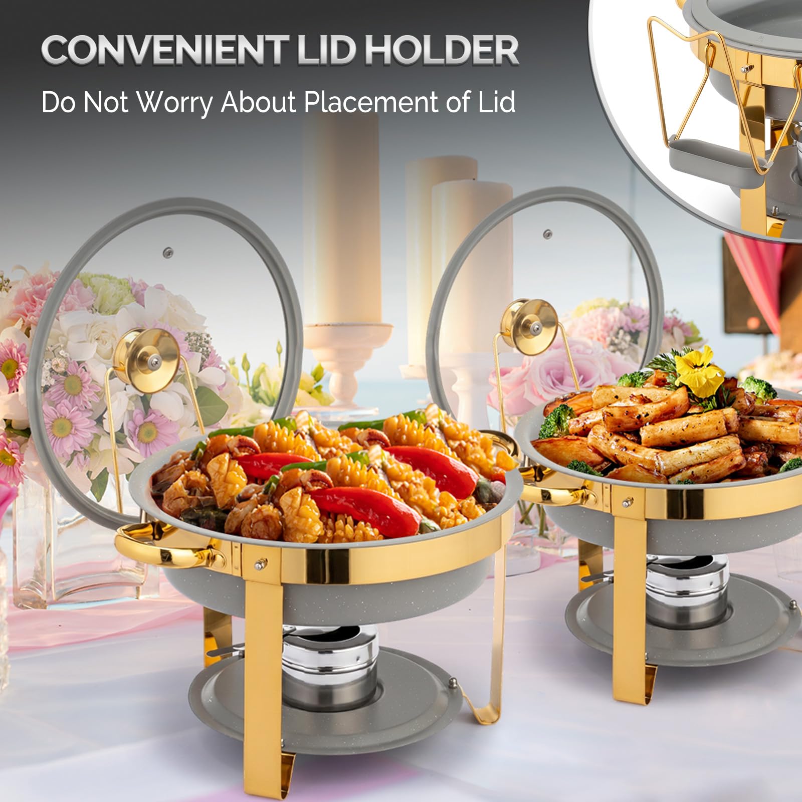ROVSUN 5 QT Round Gray-Gold Chafing Dish Buffet Set with Lid Holder