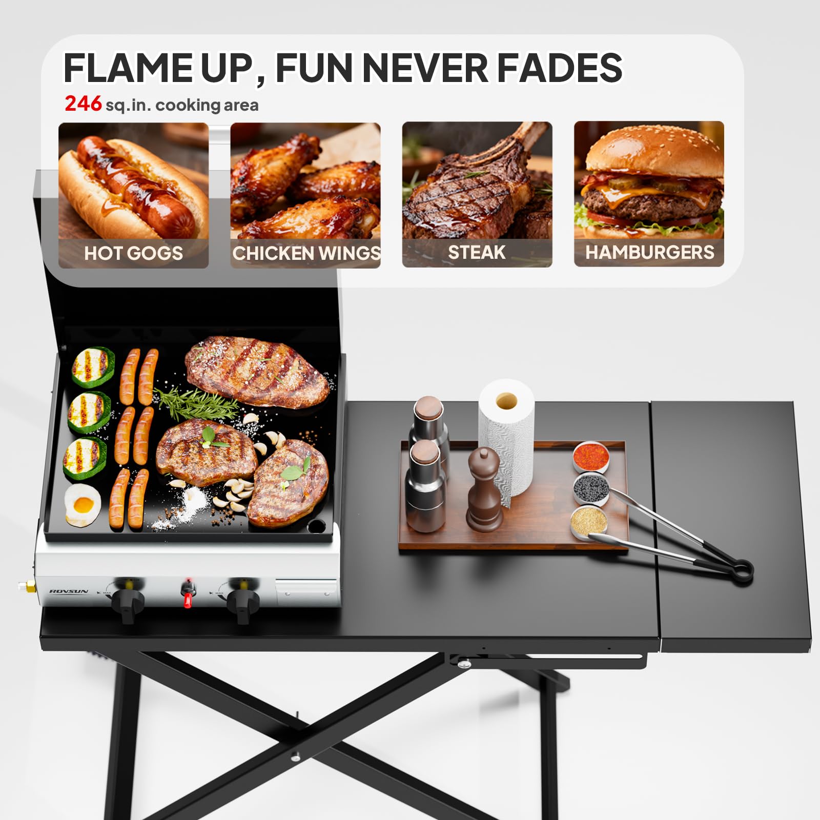 ROVSUN 2-Burner 20,000 BTU Foldable Propane Griddle with Wheels & Lid