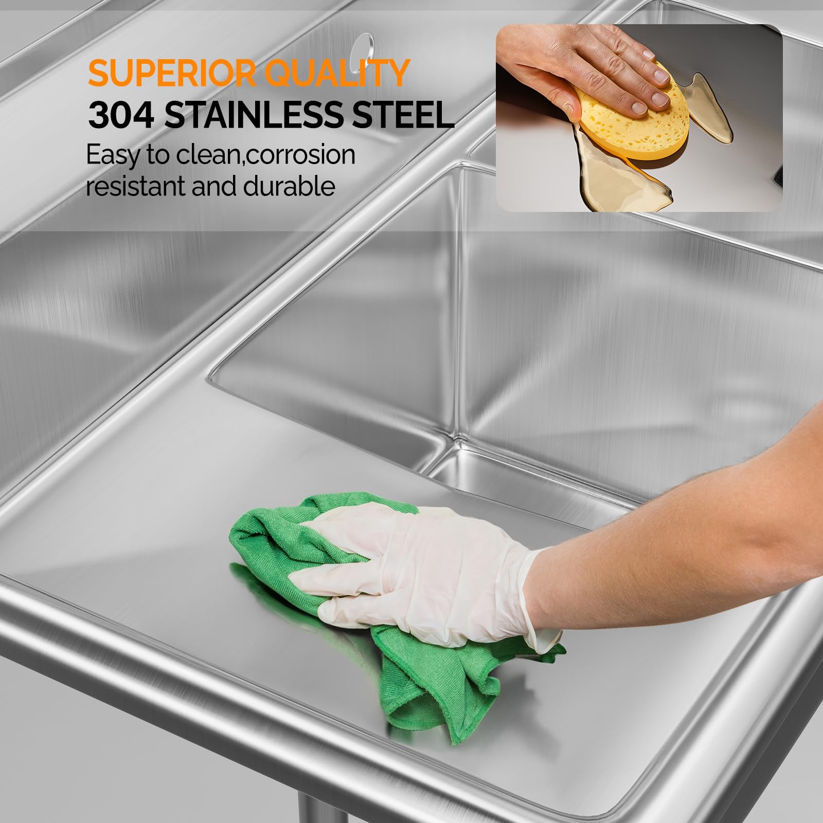 ROVSUN 43" x 20" 2 Compartment 304 Stainless Steel Sink with Right Side Drainboard