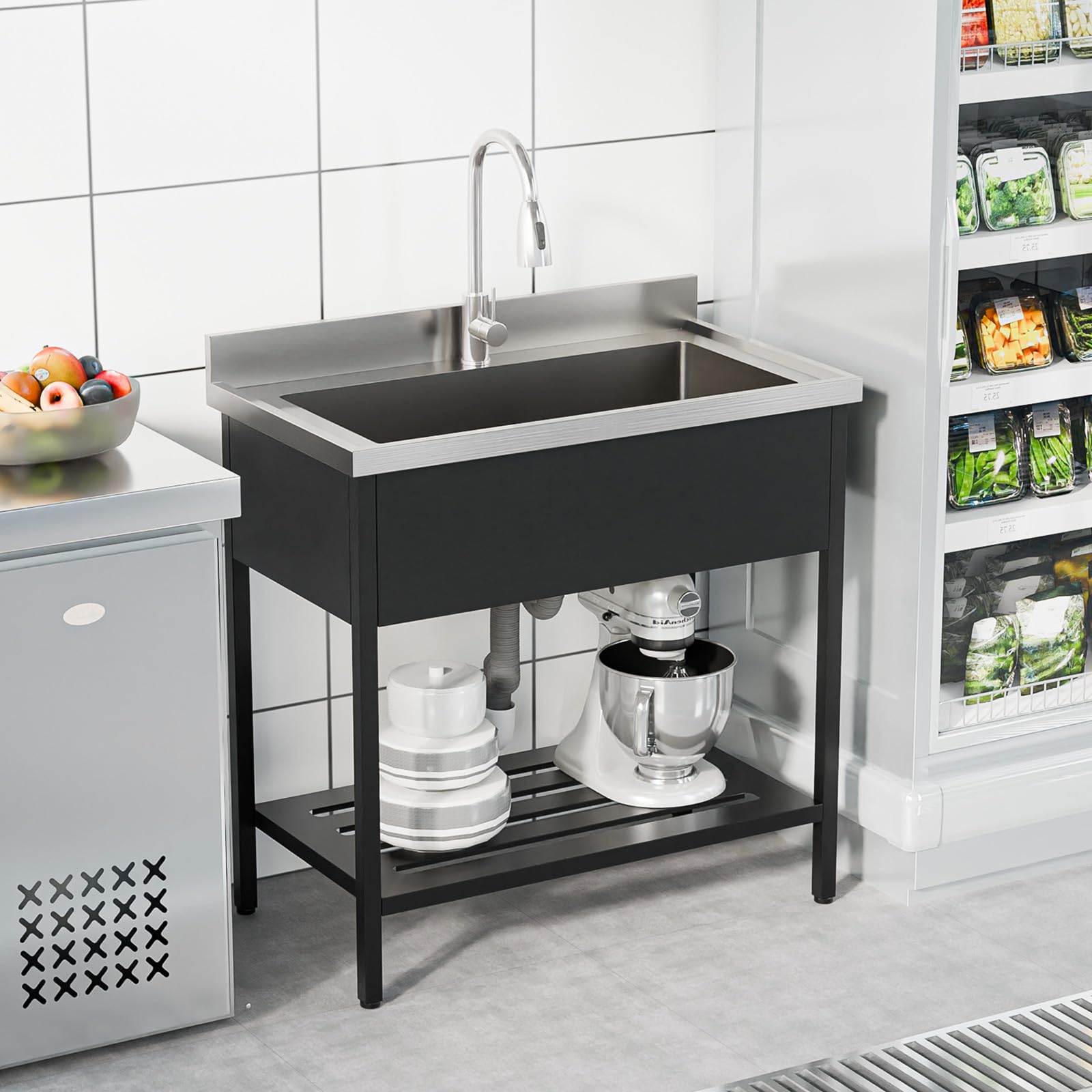 ROVSUN 36" x 20" Stainless Steel Utility Sink with Faucet & Draining Rack