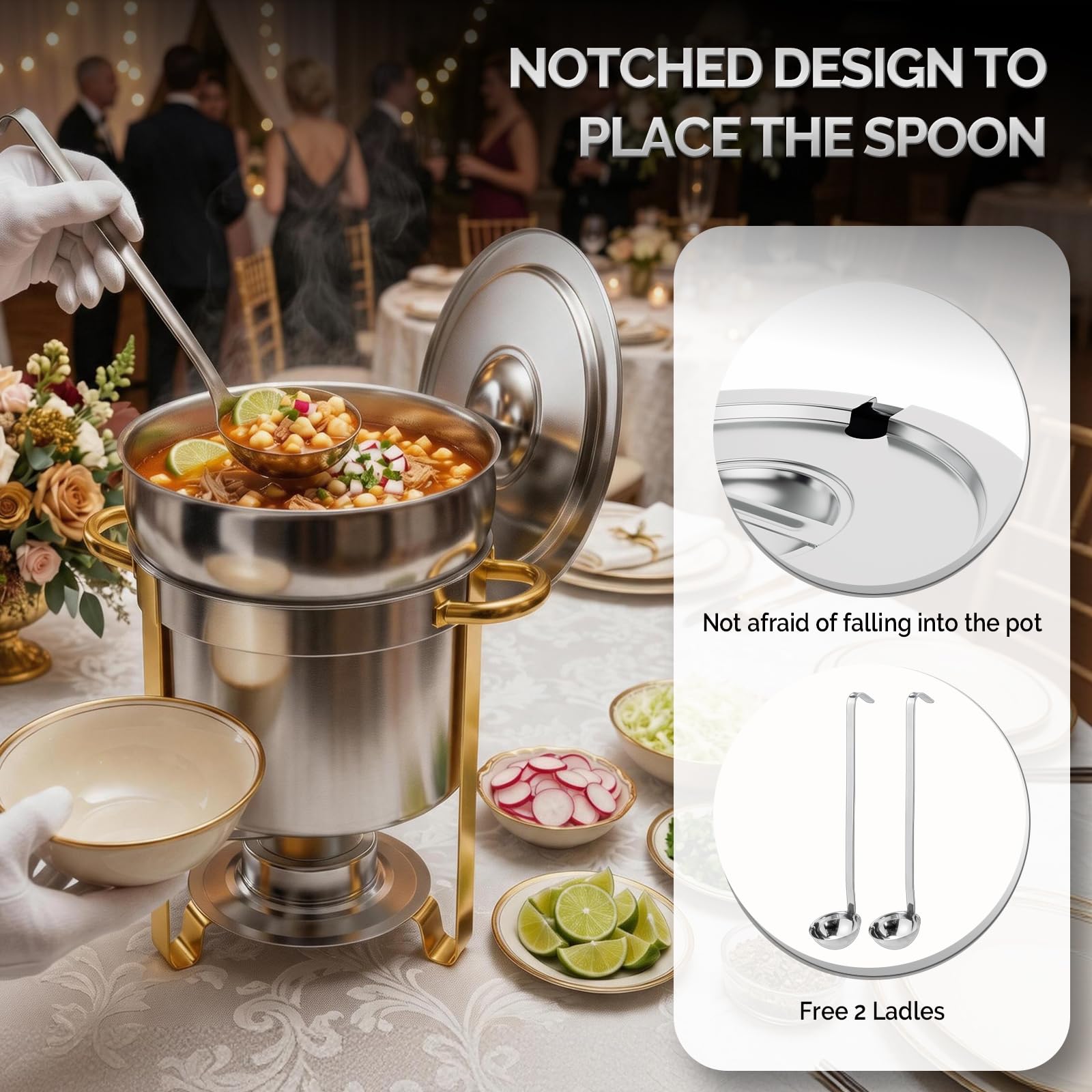ROVSUN 7 QT Round Silver-Gold Buffet Soup Chafer with Lid Holder
