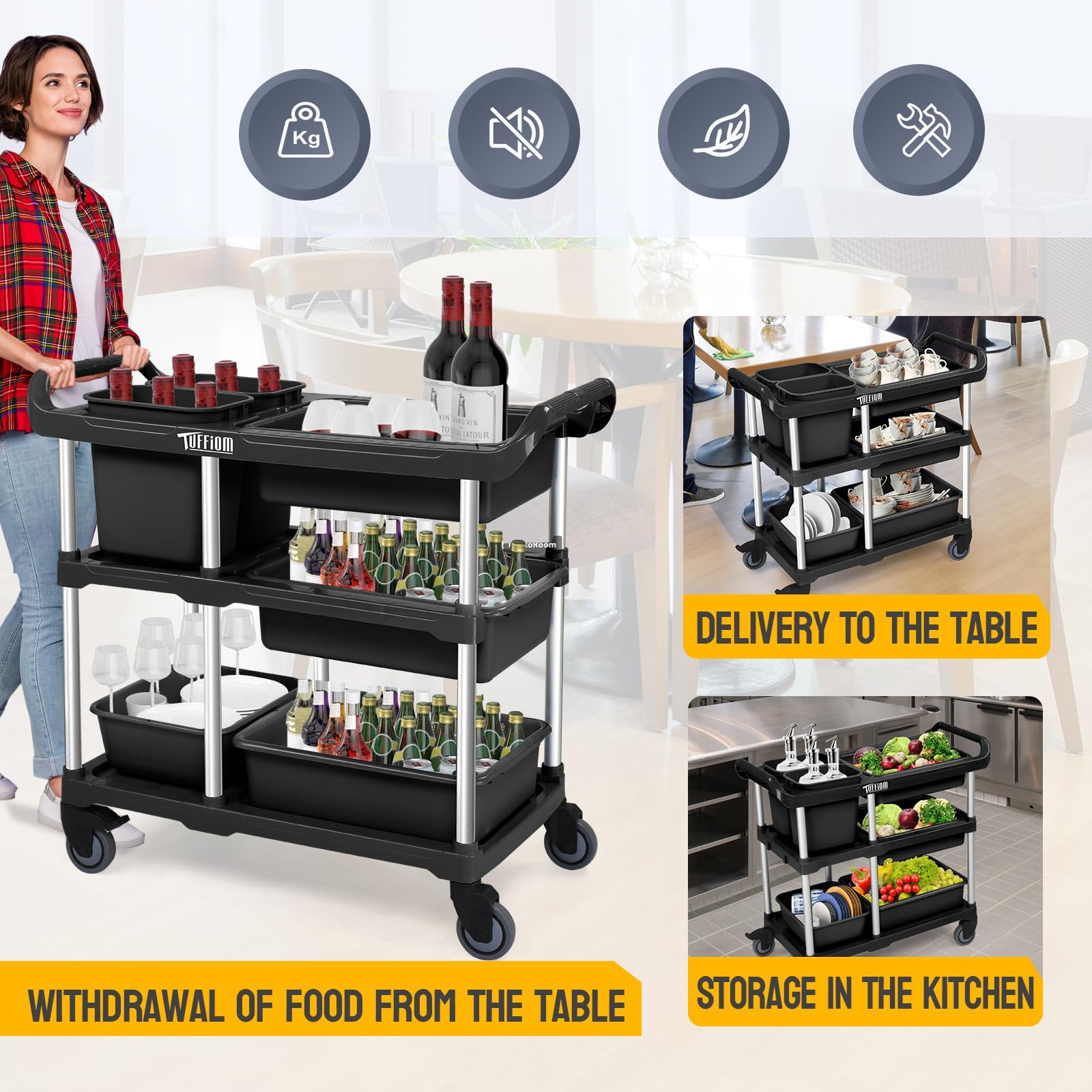 3-Tier 41" x 18" 330 lb. Capacity Plastic Utility Cart/Bussing Cart Black