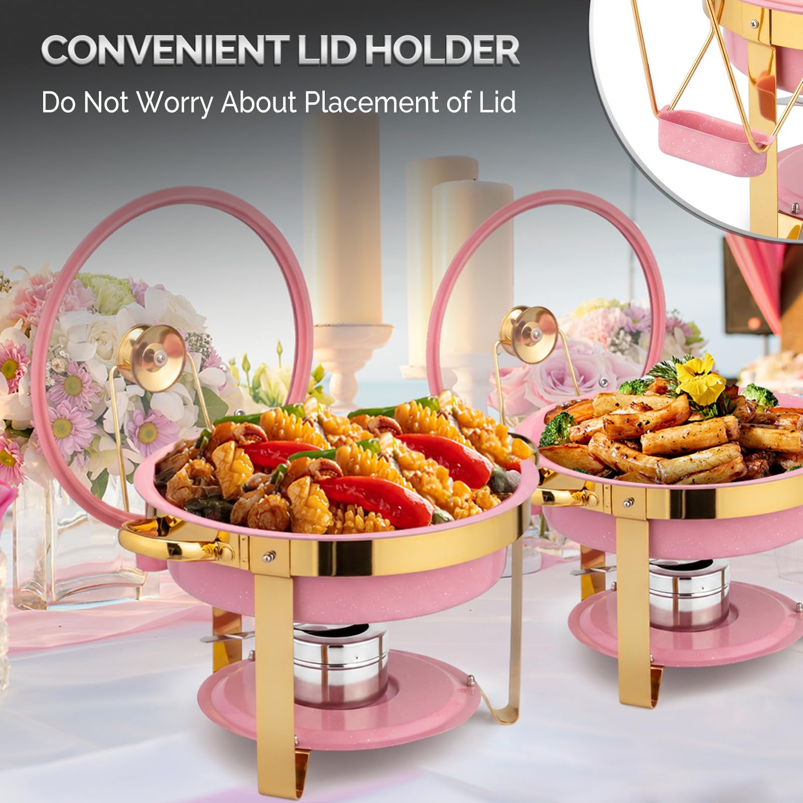 ROVSUN 5 QT Round Pink-Gold Chafing Dish Buffet Set with Lid Holder