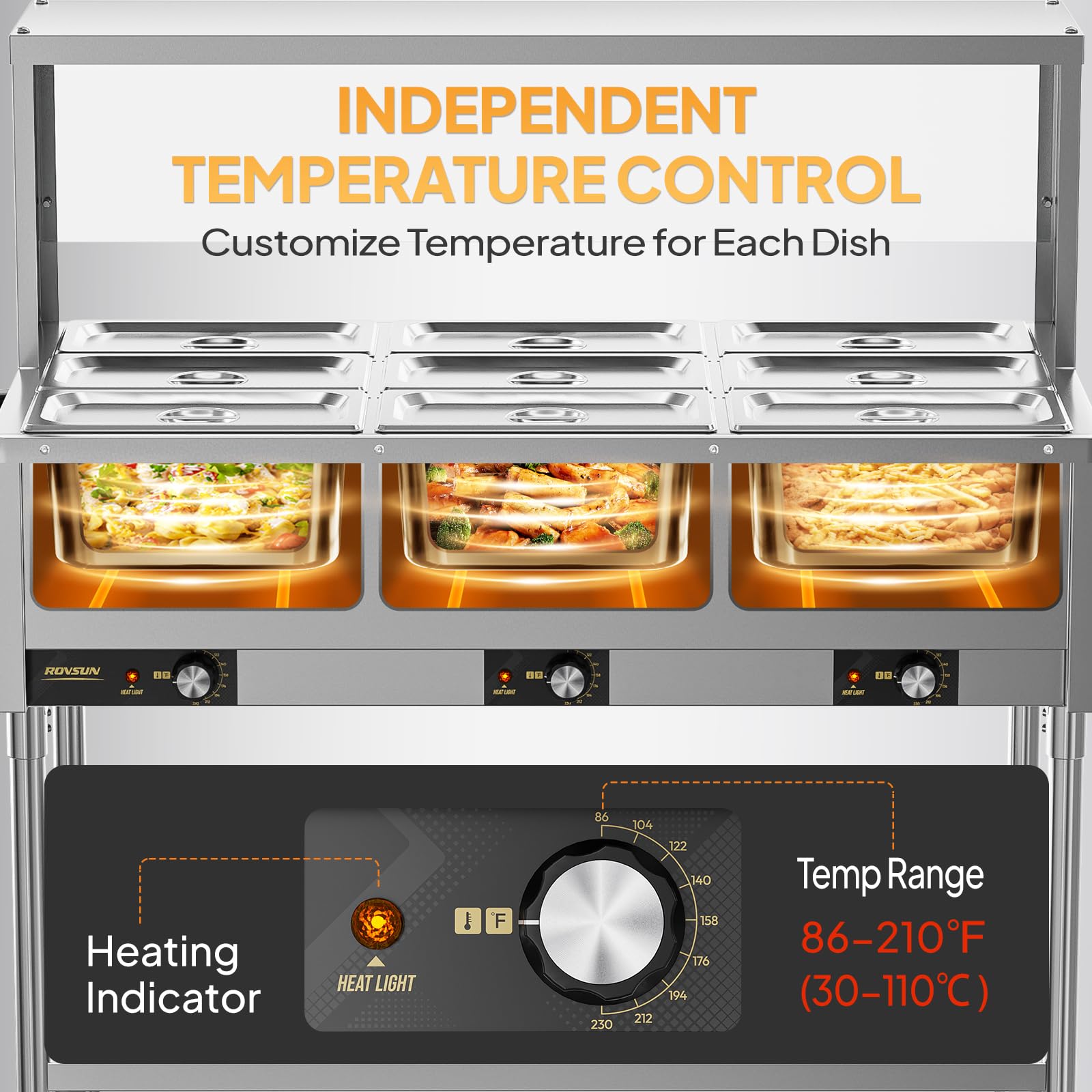 ROVSUN 72 QT 9-Pan Electric Steam Table with Independent Temp Control