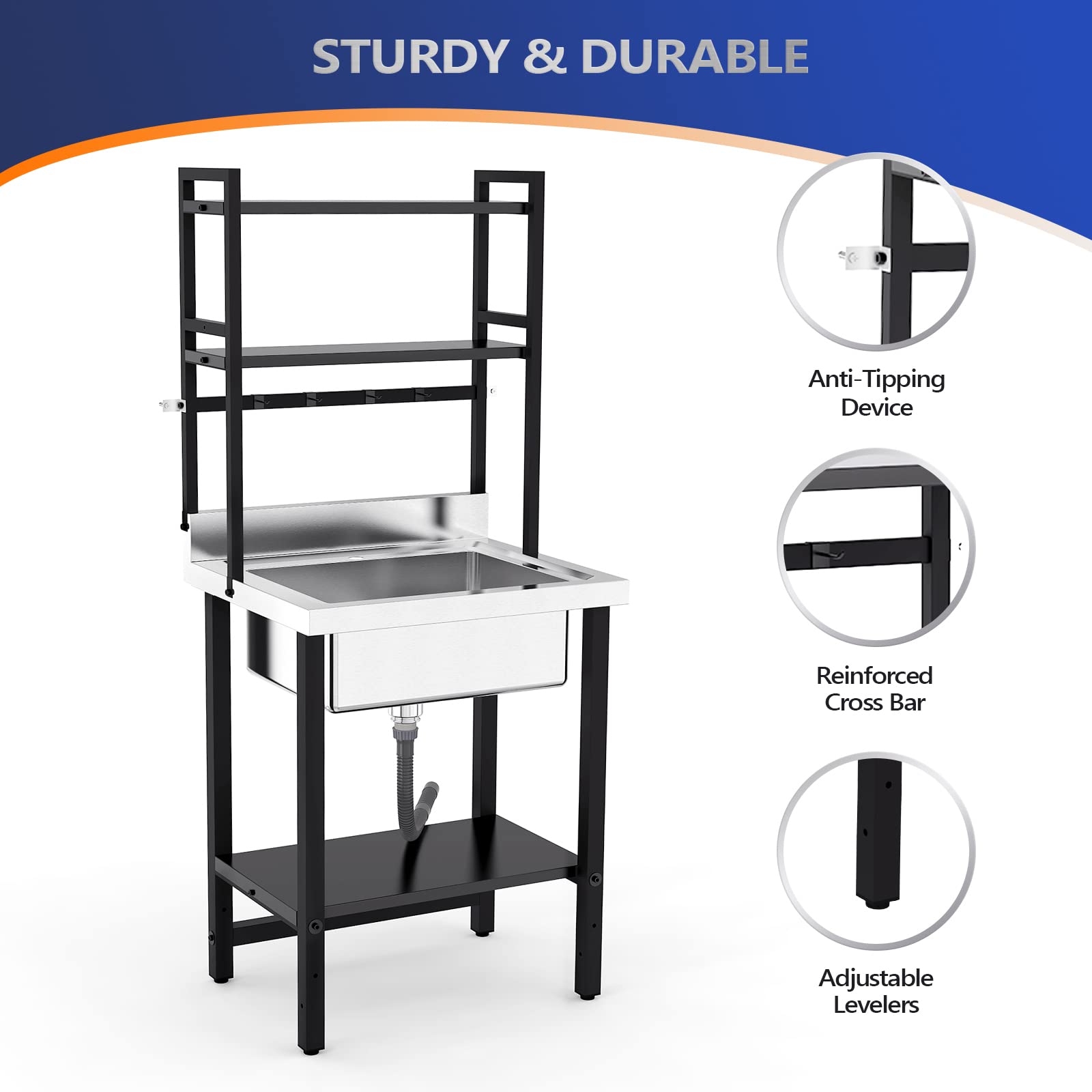 ROVSUN 28" x 24" One Compartment Stainless Steel Sink with Shelves