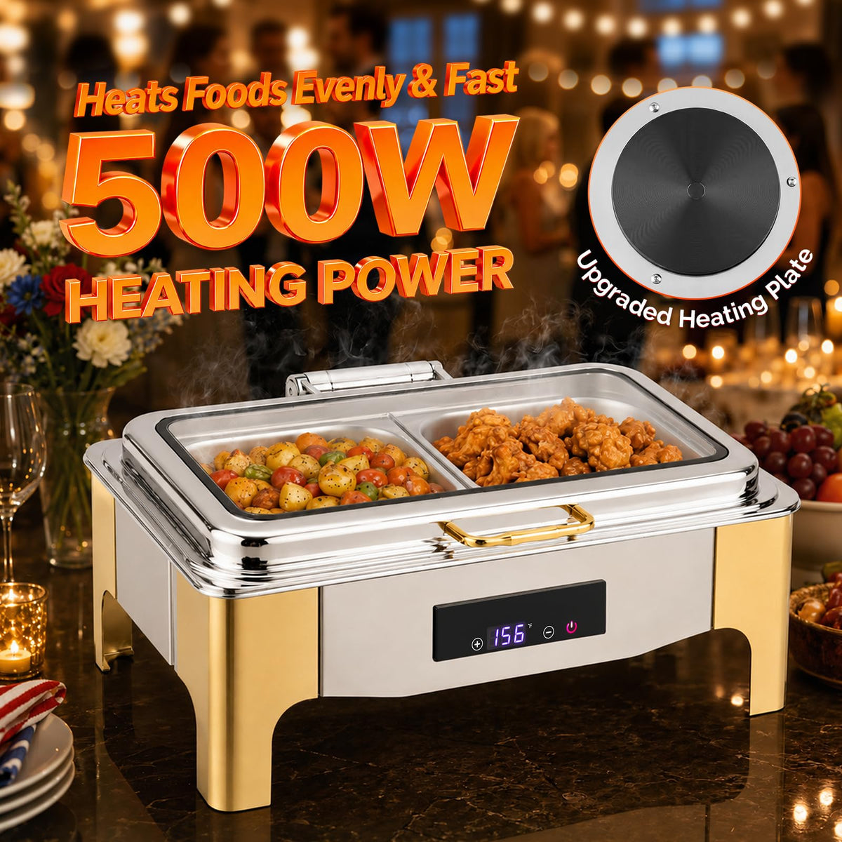 ROVSUN 9 QT Electric Silver-Gold Chafing Dish Buffet Set with Temp Display
