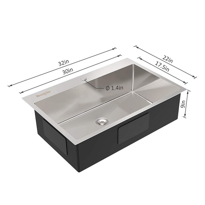 ROVSUN 32 X 22 Inch Drop-in Stainless Steel Sink 18 Gauge Single Bowl with Protector