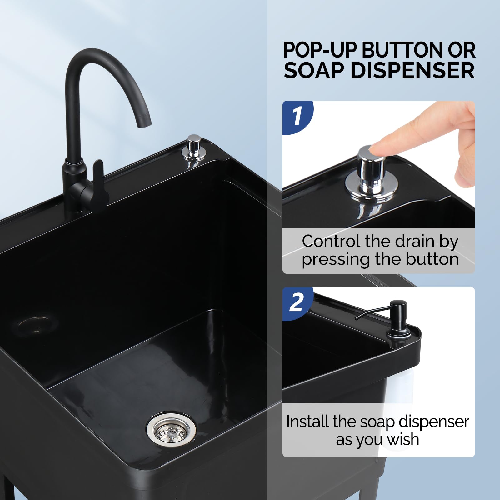 ROVSUN 24" x 24" Plastic Utility Sink with Storage Shelf Black