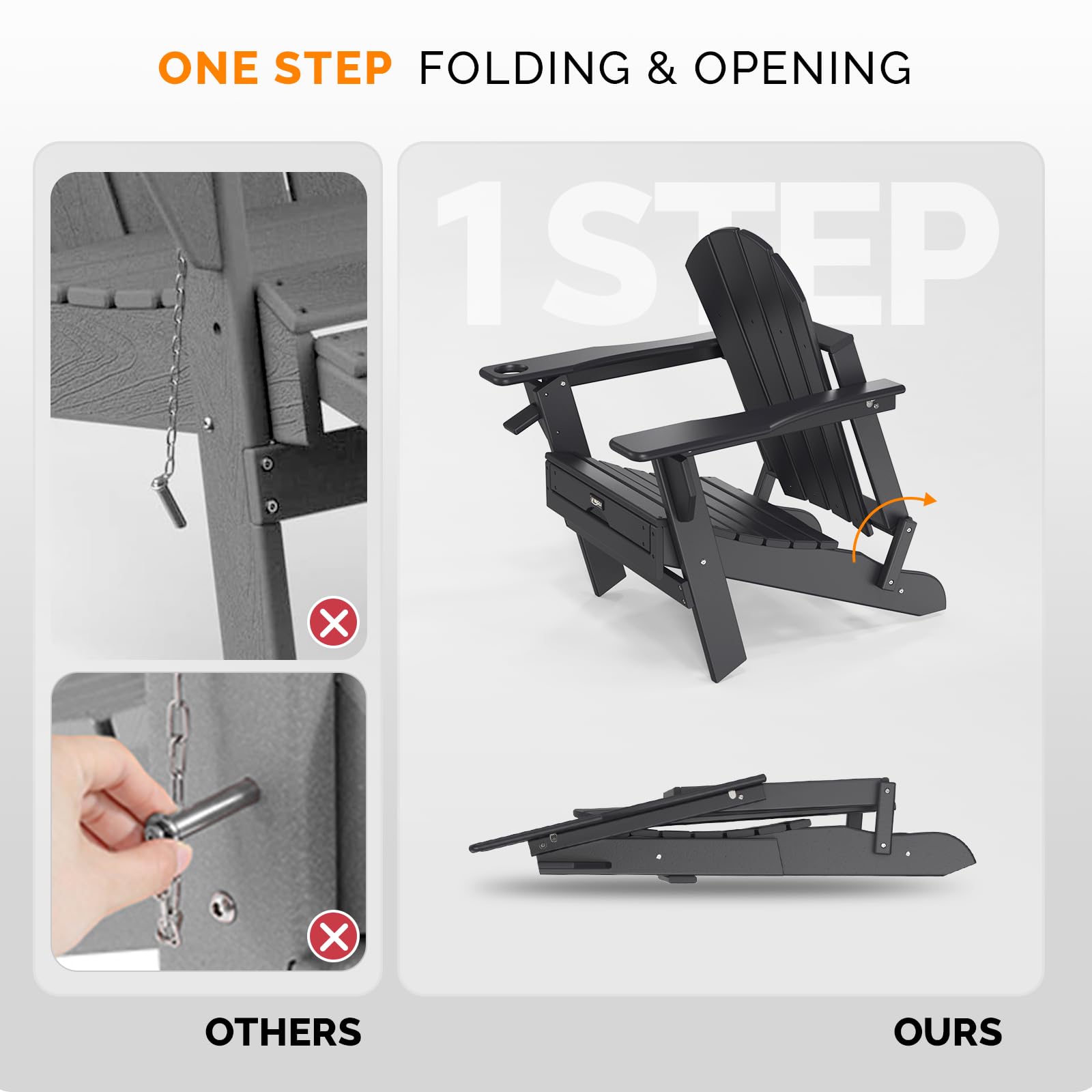 Plastic Folding HDPE Adirondack Chairs with Retractable Footrest Black