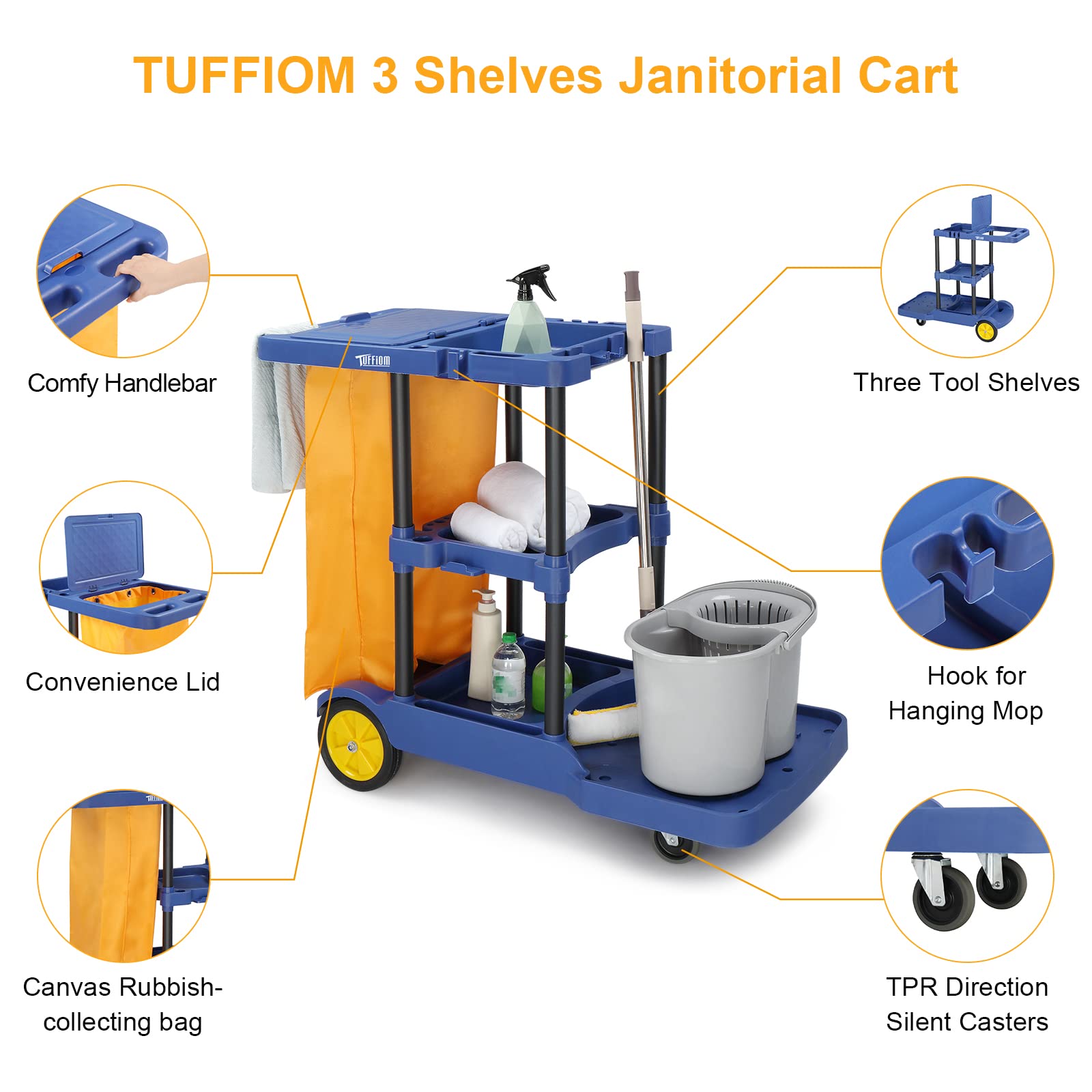 3-Tier 500 LBS Capacity Janitorial Cart with 22 Gallon Bag Blue