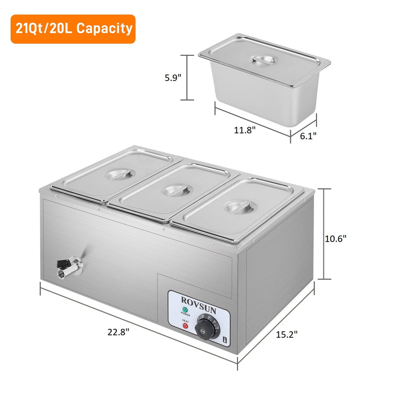 ROVSUN 21QT 600W 110V 3-Pan Electric Steam Table Food Warmer Countertop Commercial